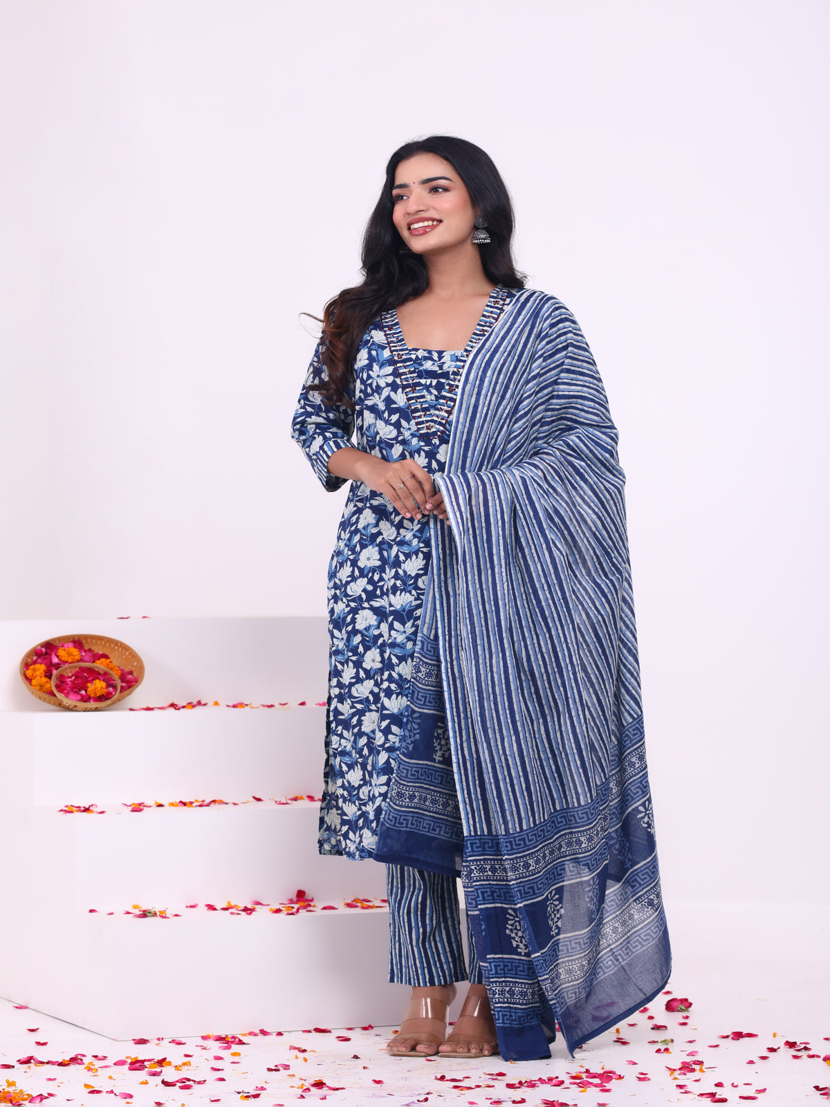 Maluka Women’s Blue & Pink Floral Rayon Kurta Set with Dupatta