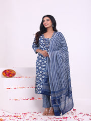 Maluka Women’s Blue & Pink Floral Rayon Kurta Set with Dupatta