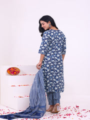 Maluka Women’s Blue & Pink Floral Rayon Kurta Set with Dupatta