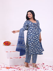 Maluka Women’s Blue & Pink Floral Rayon Kurta Set with Dupatta