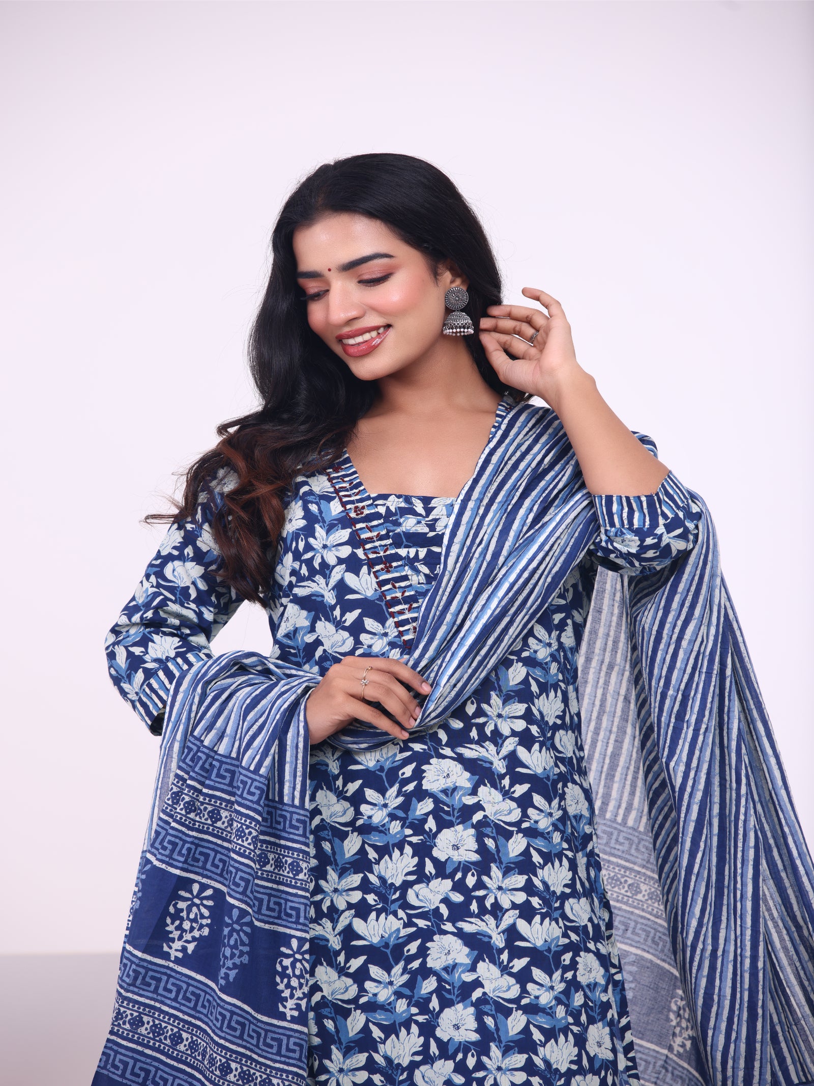Maluka Women’s Blue & Pink Floral Rayon Kurta Set with Dupatta