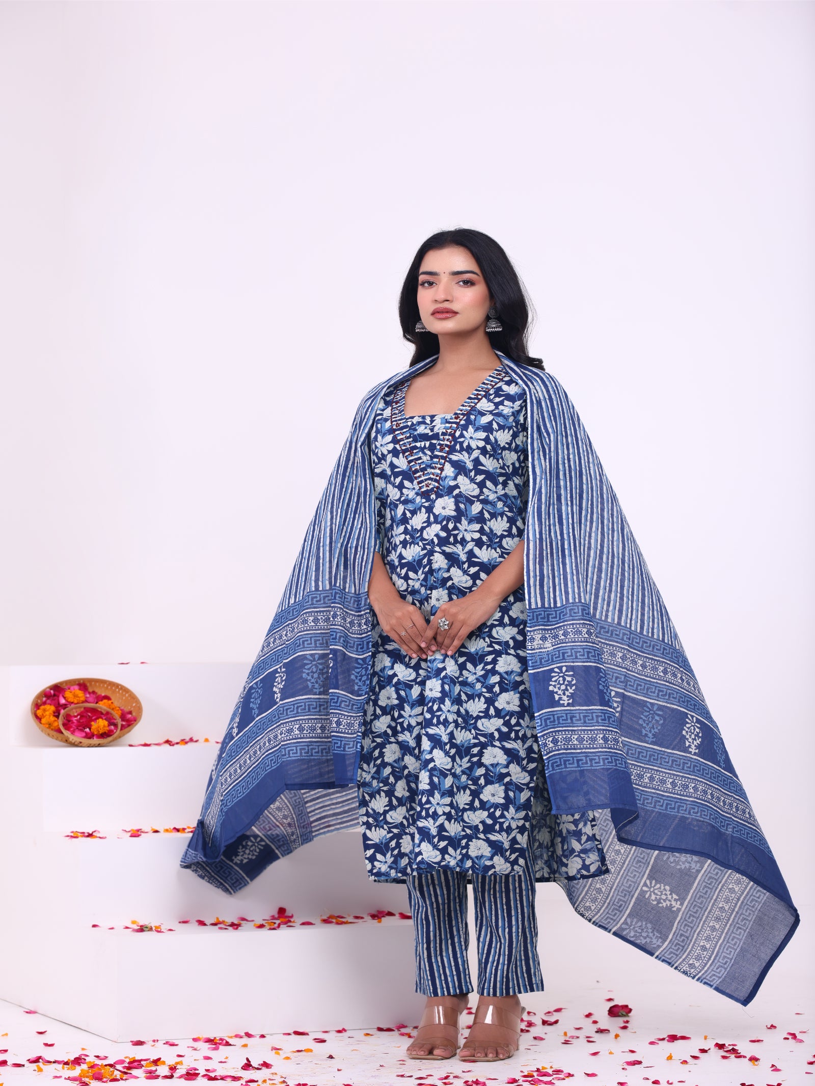 Maluka Women’s Blue & Pink Floral Rayon Kurta Set with Dupatta