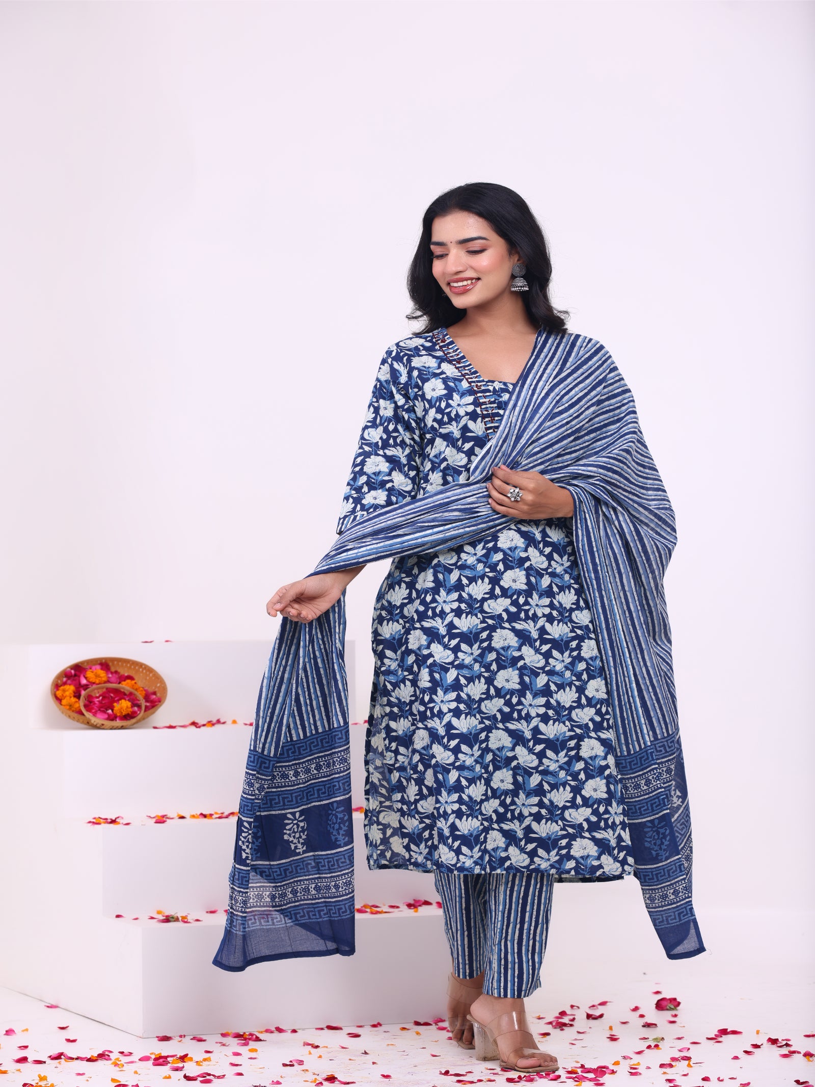 Maluka Women’s Blue & Pink Floral Rayon Kurta Set with Dupatta