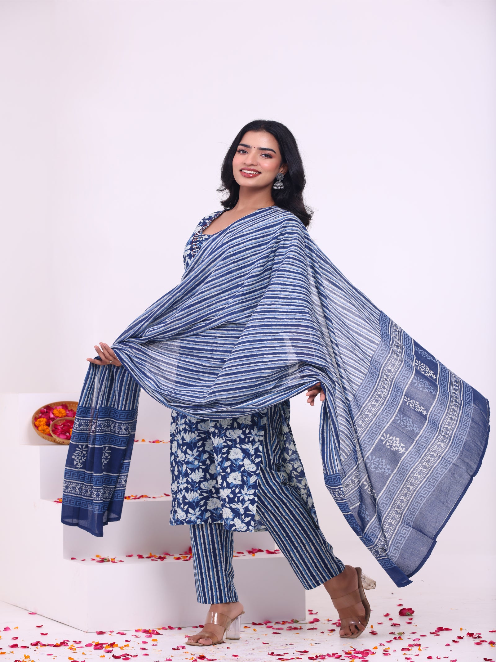 Maluka Women’s Blue & Pink Floral Rayon Kurta Set with Dupatta