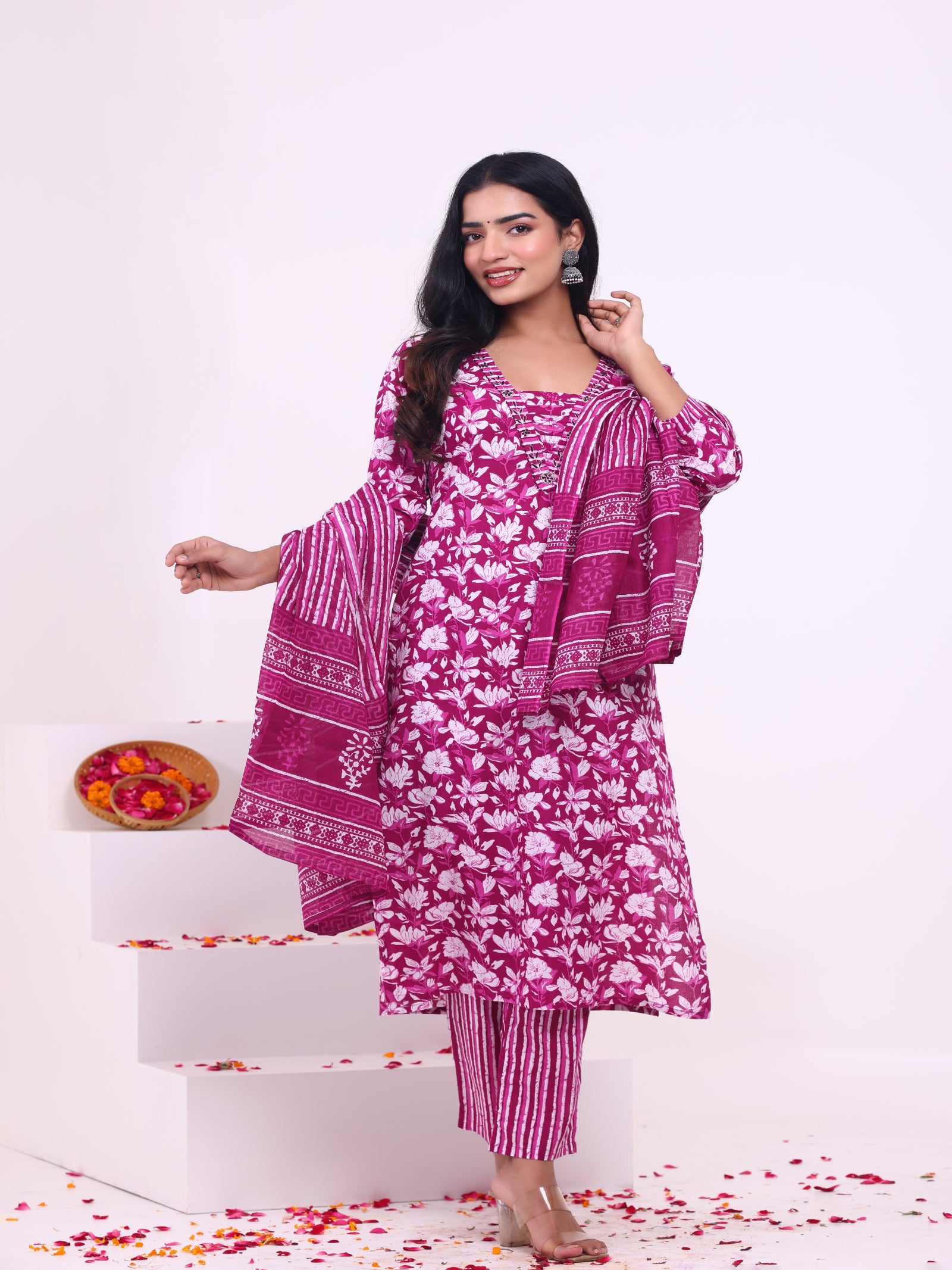 Maluka Women’s Blue & Pink Floral Rayon Kurta Set with Dupatta