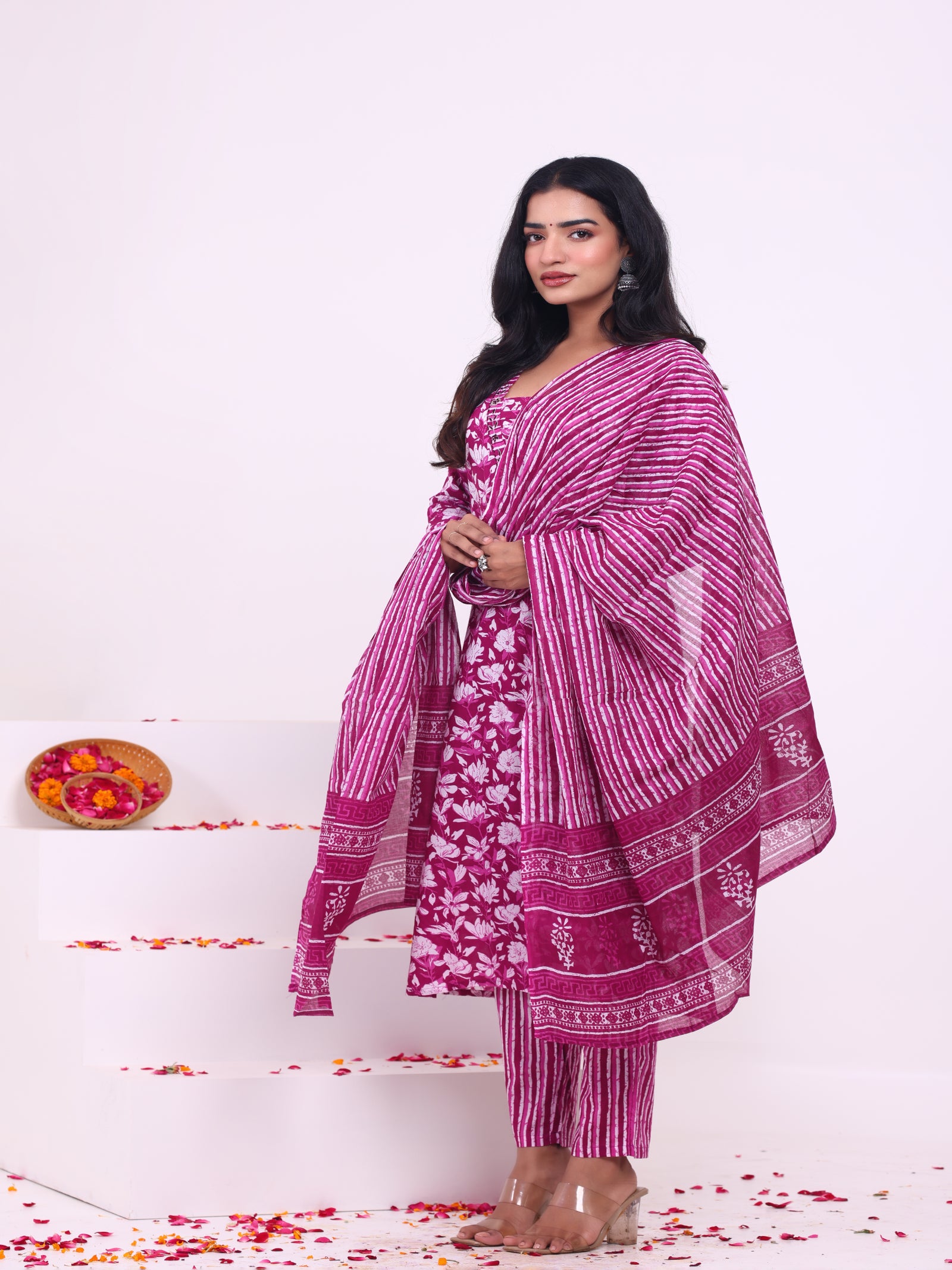 Maluka Women’s Blue & Pink Floral Rayon Kurta Set with Dupatta