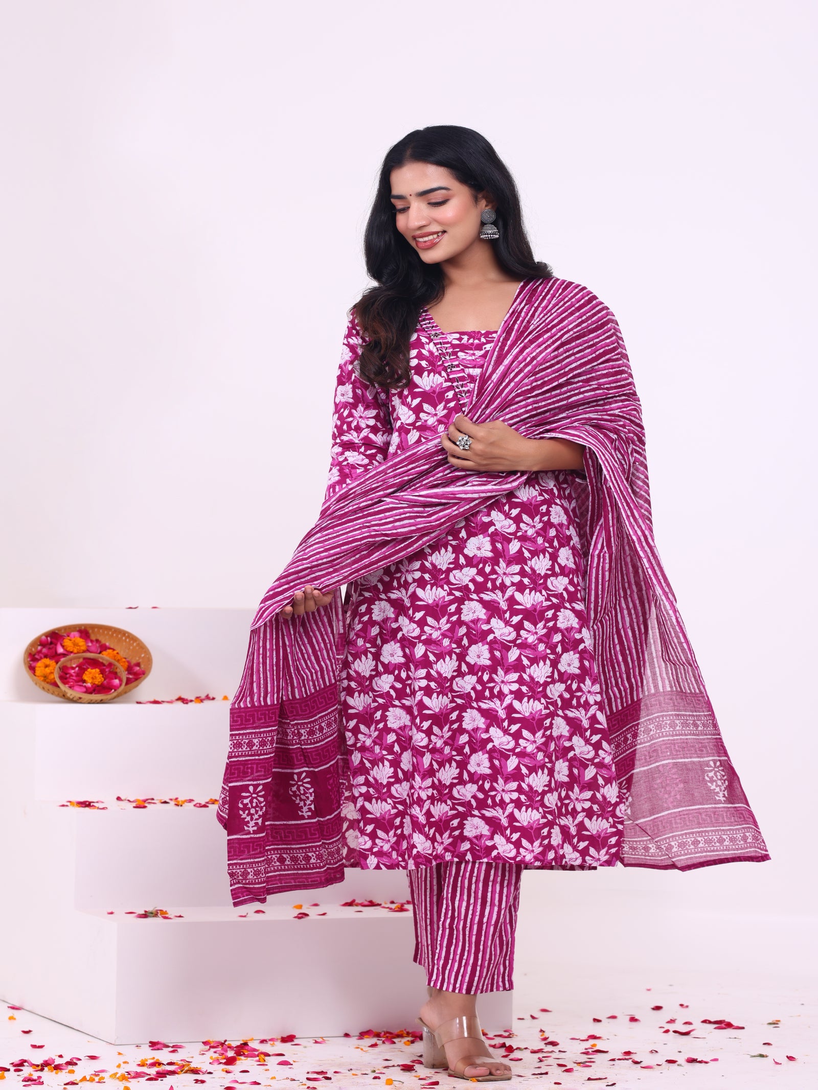 Maluka Women’s Blue & Pink Floral Rayon Kurta Set with Dupatta