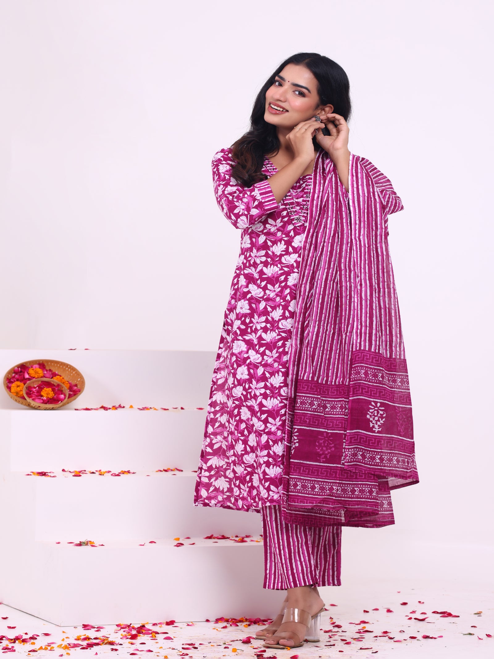 Maluka Women’s Blue & Pink Floral Rayon Kurta Set with Dupatta