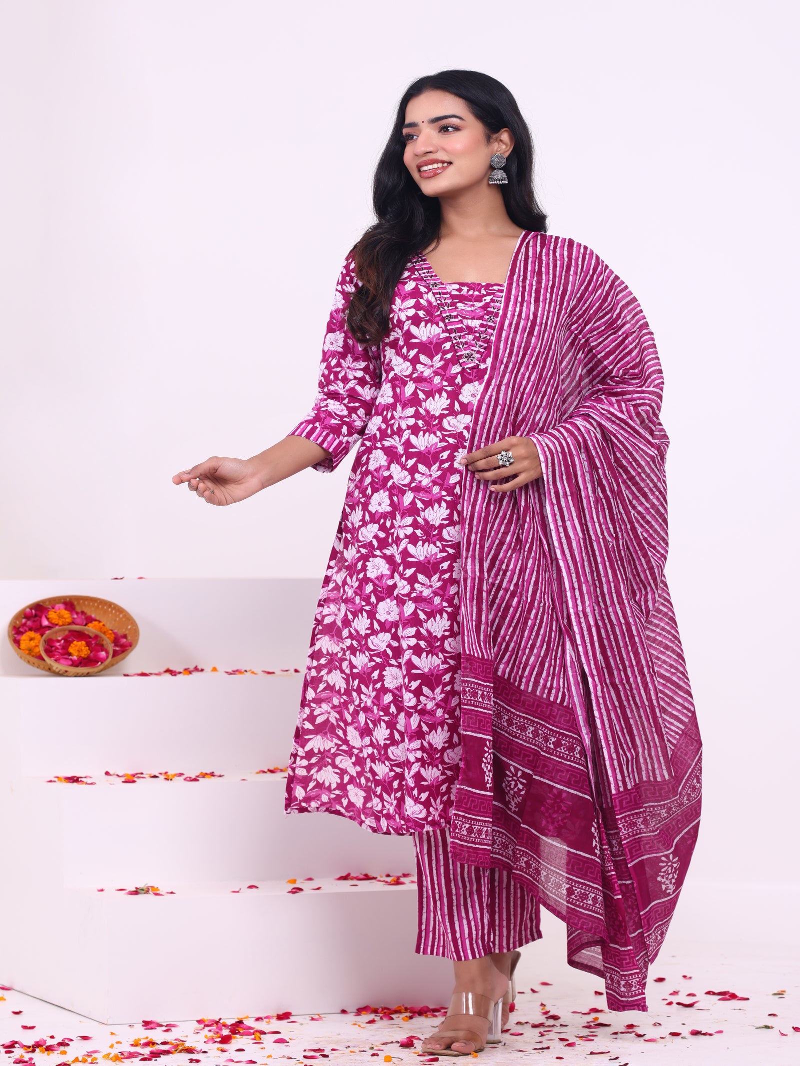 Maluka Women’s Blue & Pink Floral Rayon Kurta Set with Dupatta