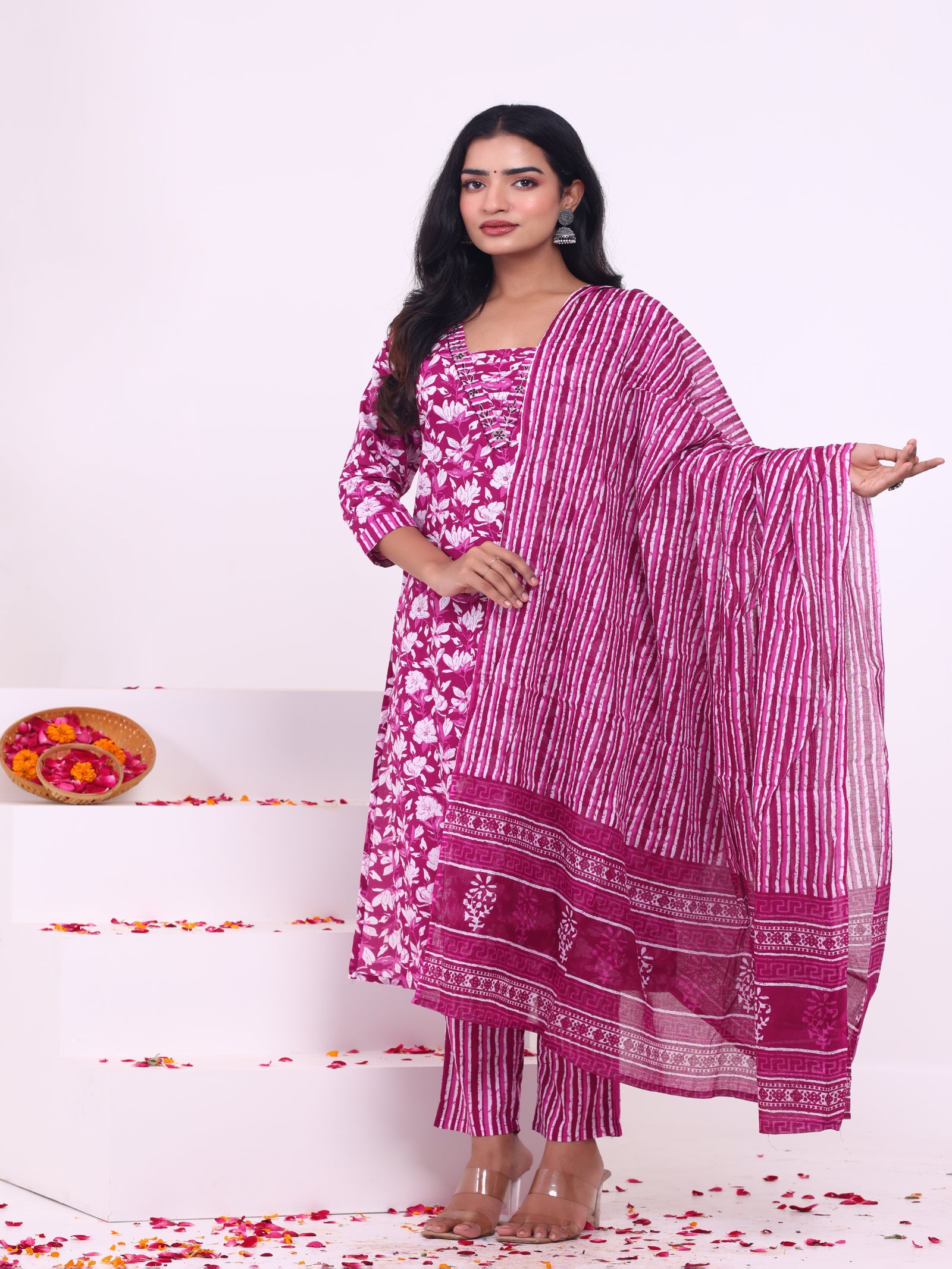 Maluka Women’s Blue & Pink Floral Rayon Kurta Set with Dupatta