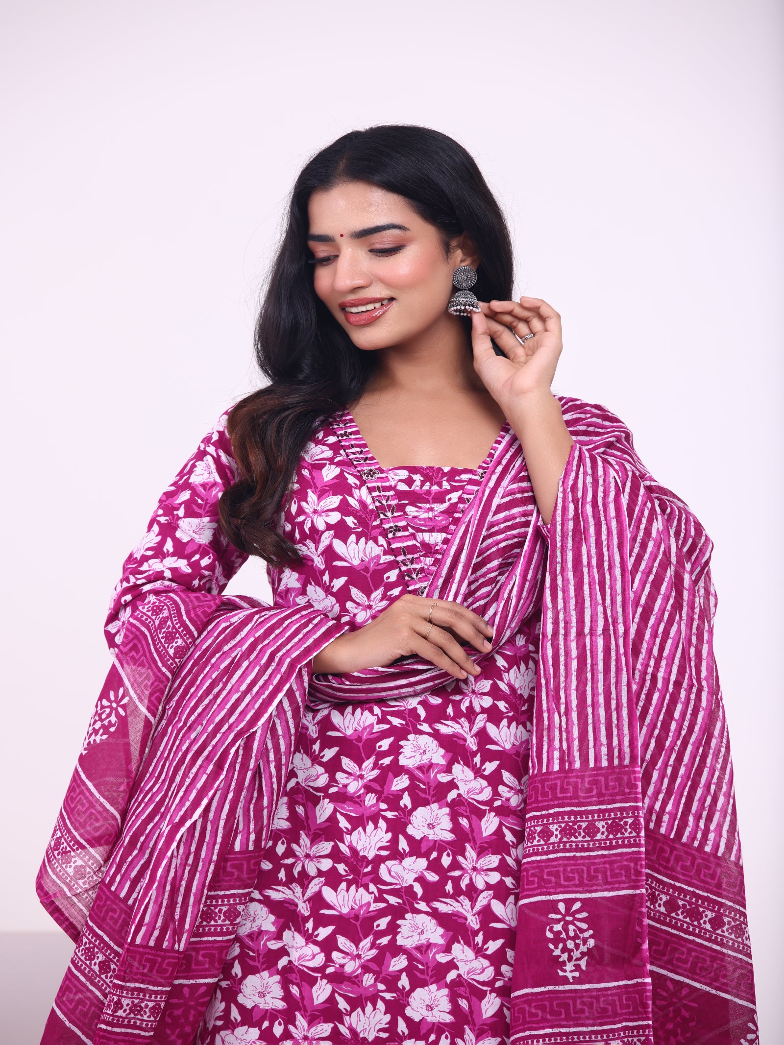 Maluka Women’s Blue & Pink Floral Rayon Kurta Set with Dupatta