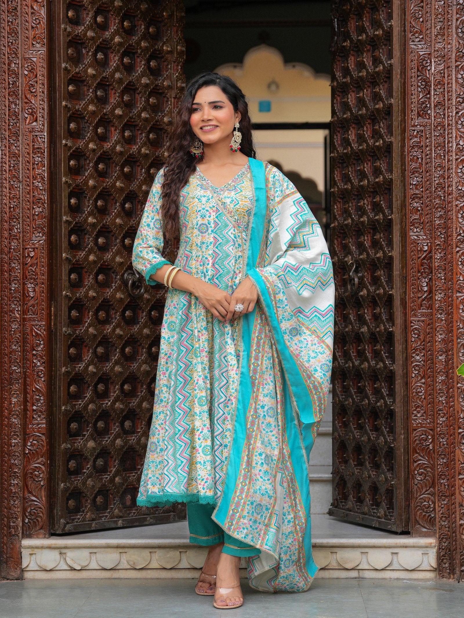 Maluka Women Modal Chanderi Foil Printed Gotta Patti & Sequins Work Kurta Set