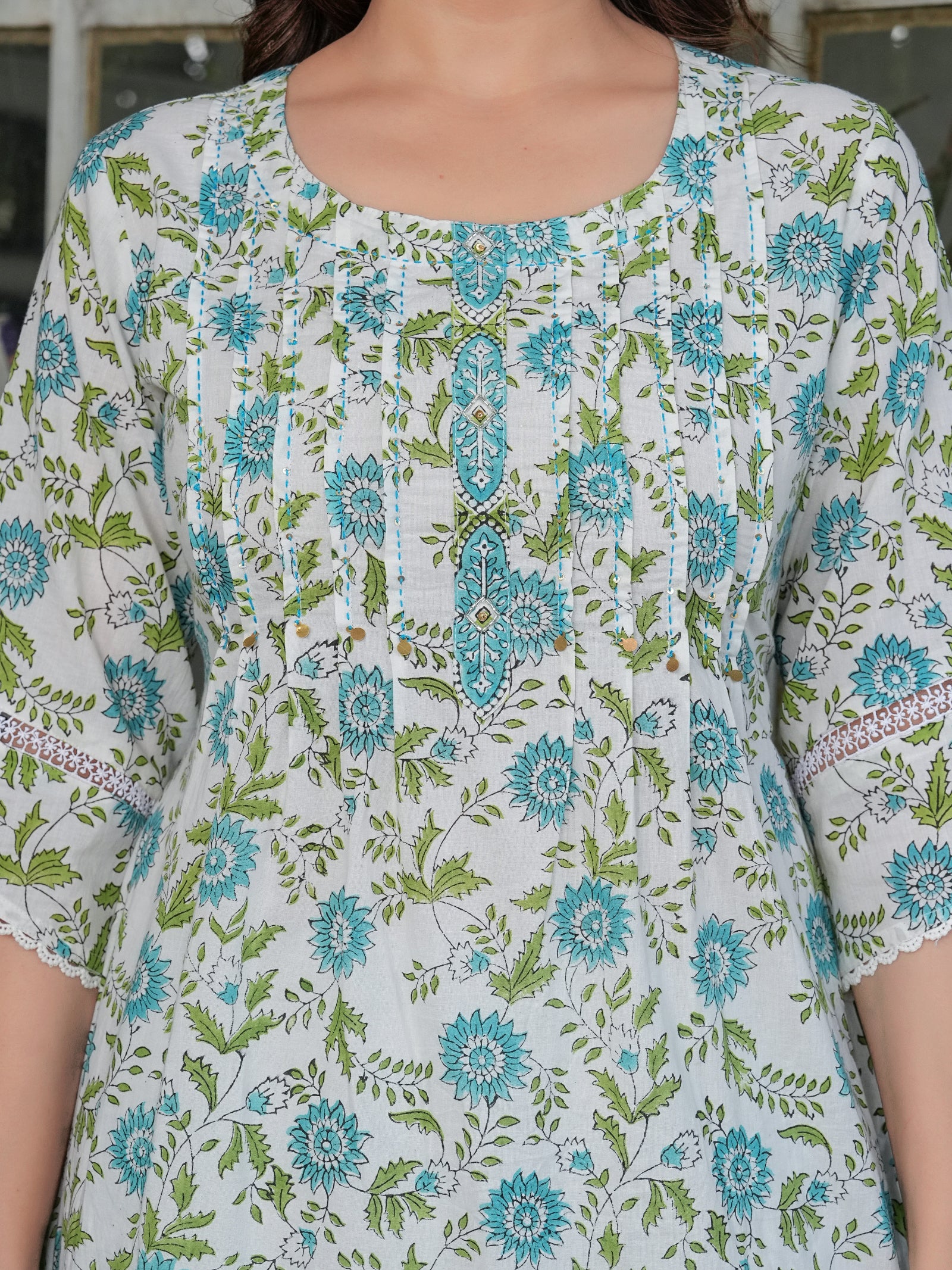 Maluka Women’s Cotton White-Green Floral Printed Straight Kurta Set with Dupatta