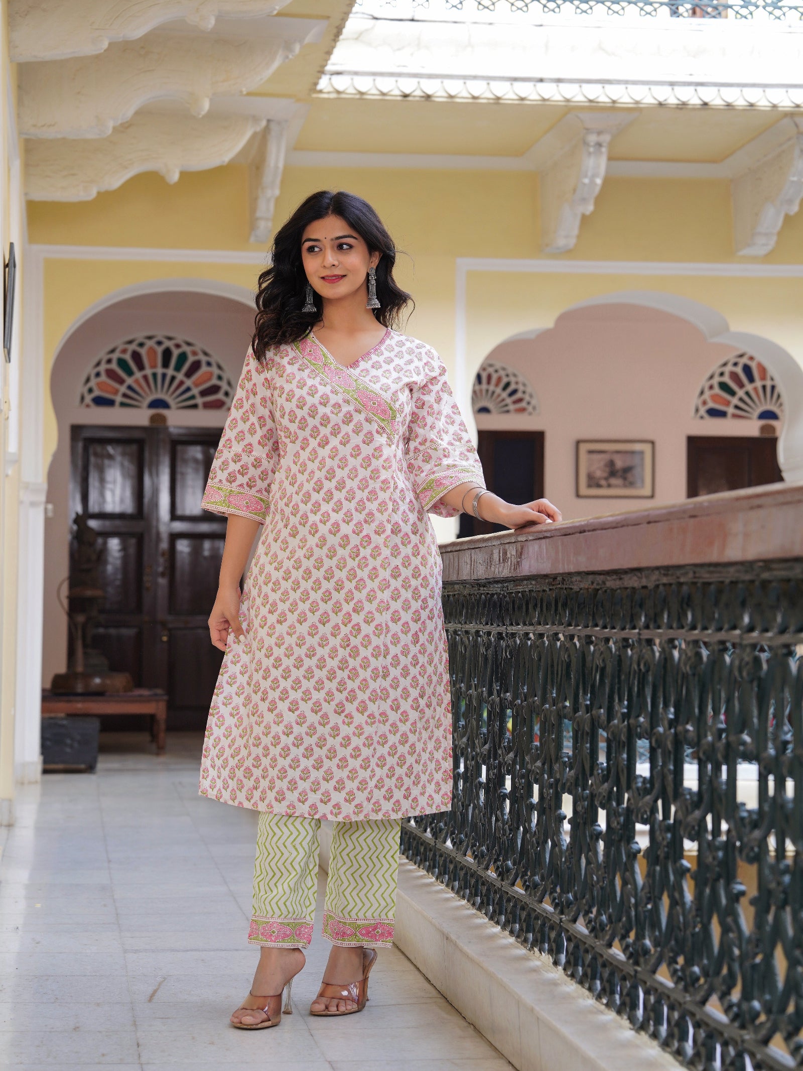 Maluka Women Cotton Printed Hand Work Kurta Pant With Dupatta Set