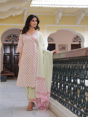 Maluka Women Cotton Printed Hand Work Kurta Pant With Dupatta Set