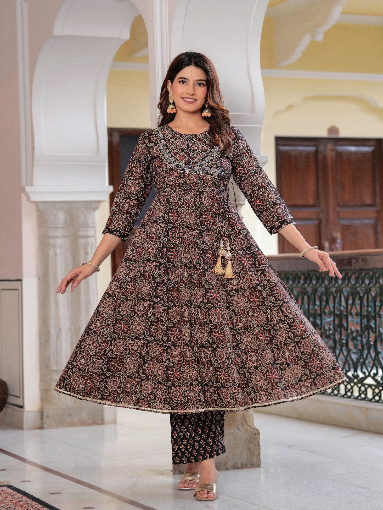 Maluka Women Cotton Floral Printed Sequins Work Kurta Pant with Dupatta Set