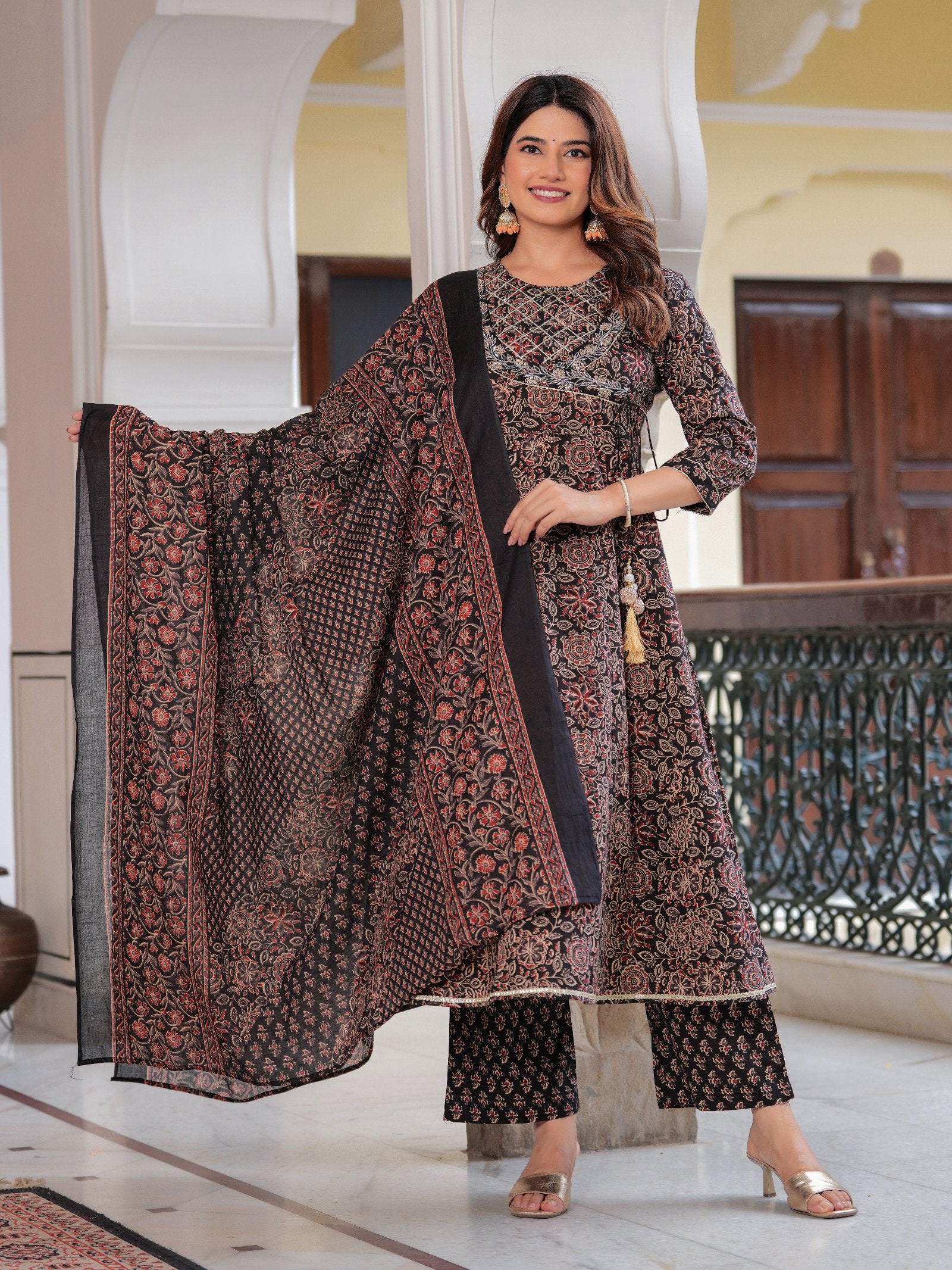 Maluka Women Cotton Floral Printed Sequins Work Kurta Pant with Dupatta Set