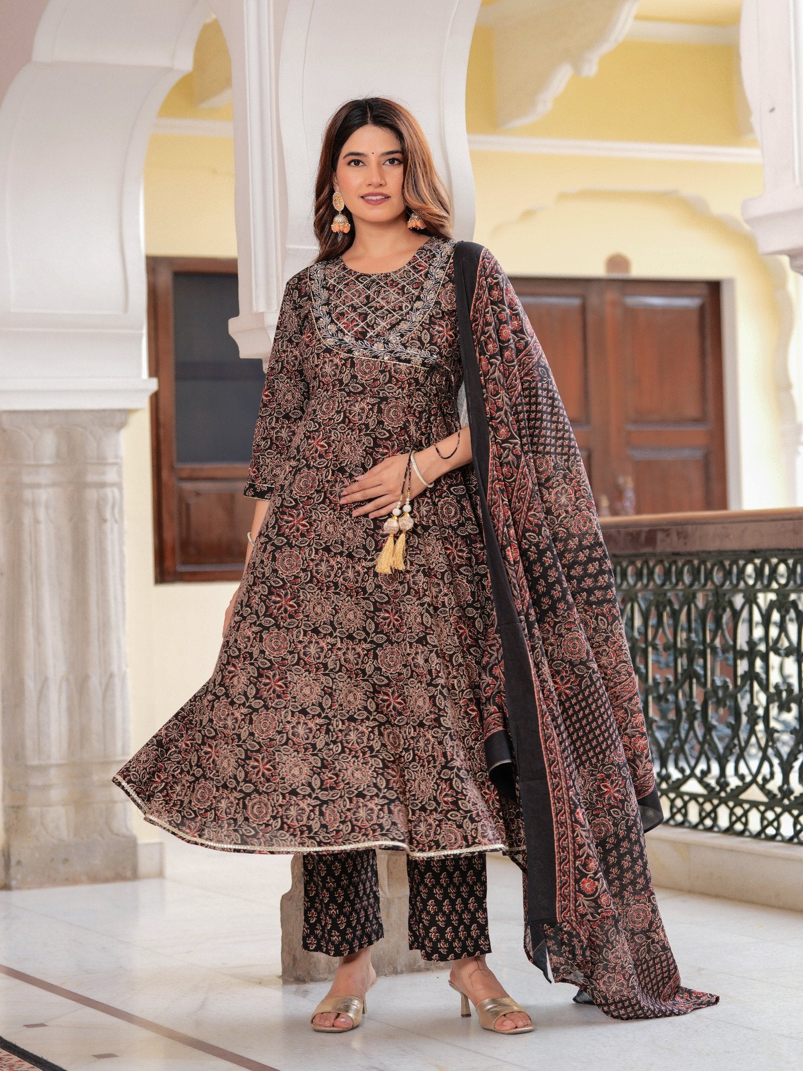 Maluka Women Cotton Floral Printed Sequins Work Kurta Pant with Dupatta Set