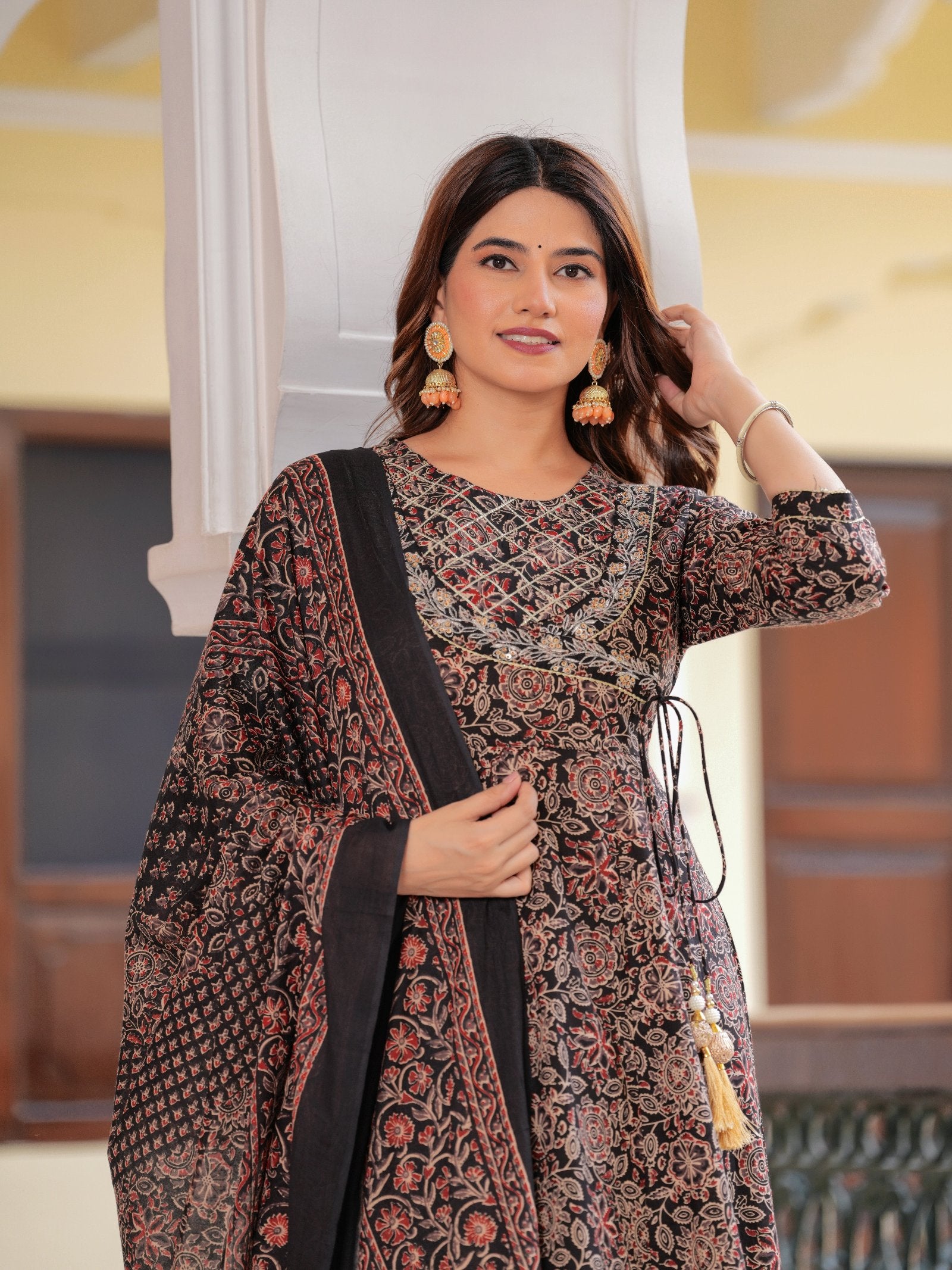 Maluka Women Cotton Floral Printed Sequins Work Kurta Pant with Dupatta Set