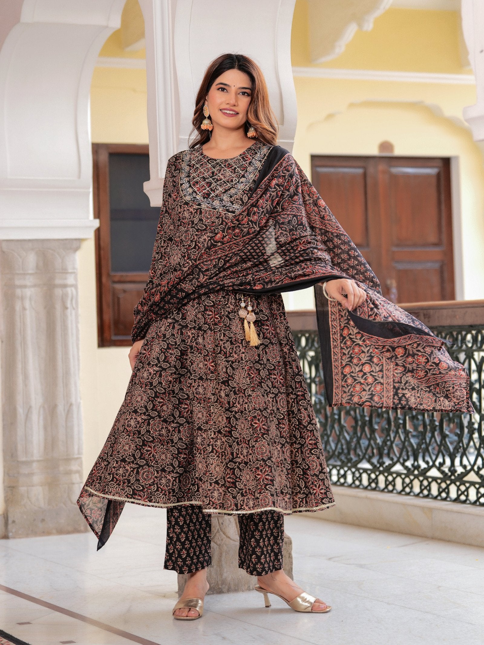 Maluka Women Cotton Floral Printed Sequins Work Kurta Pant with Dupatta Set