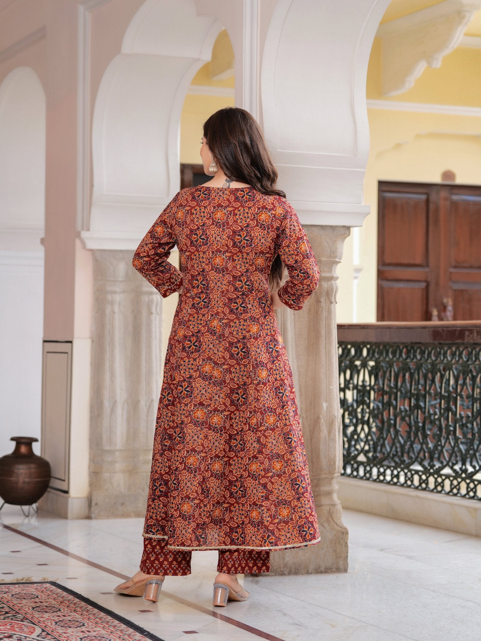 Maluka Women Cotton Floral Printed Sequins Work Kurta Pant with Dupatta Set