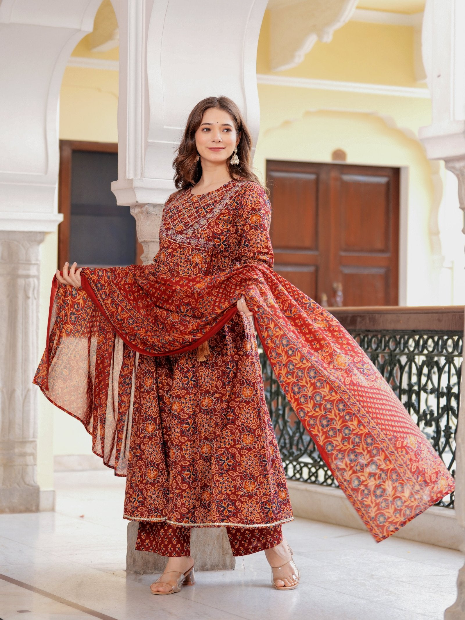 Maluka Women Cotton Floral Printed Sequins Work Kurta Pant with Dupatta Set