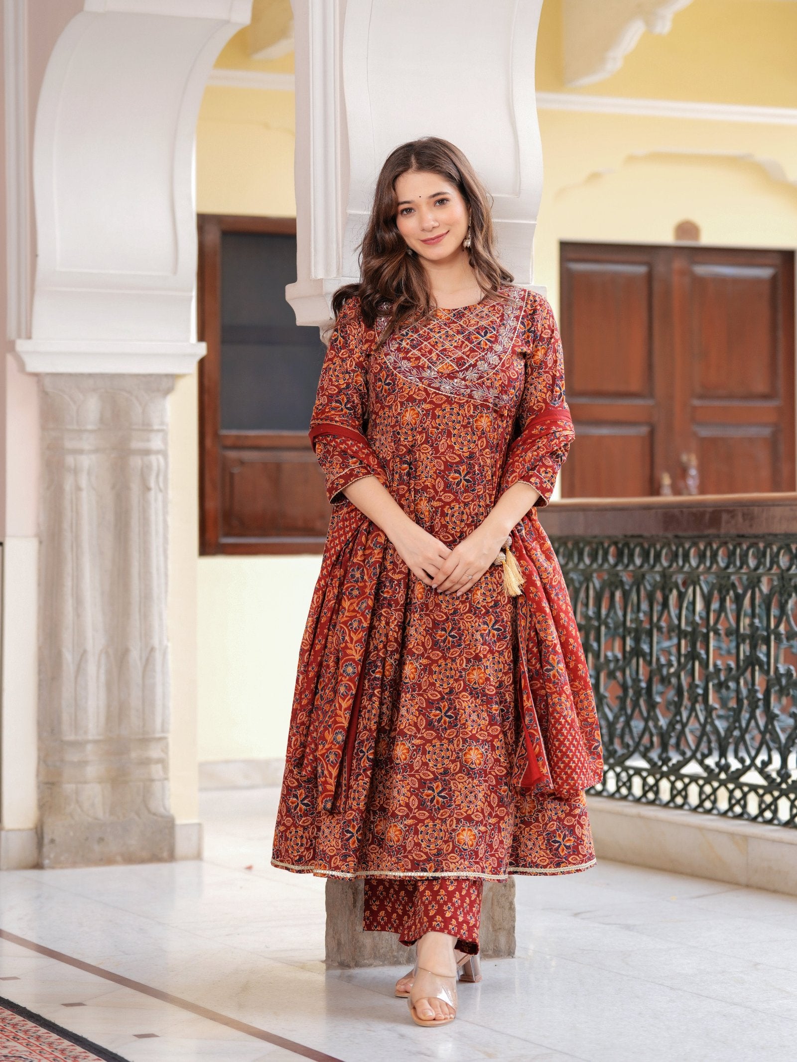 Maluka Women Cotton Floral Printed Sequins Work Kurta Pant with Dupatta Set