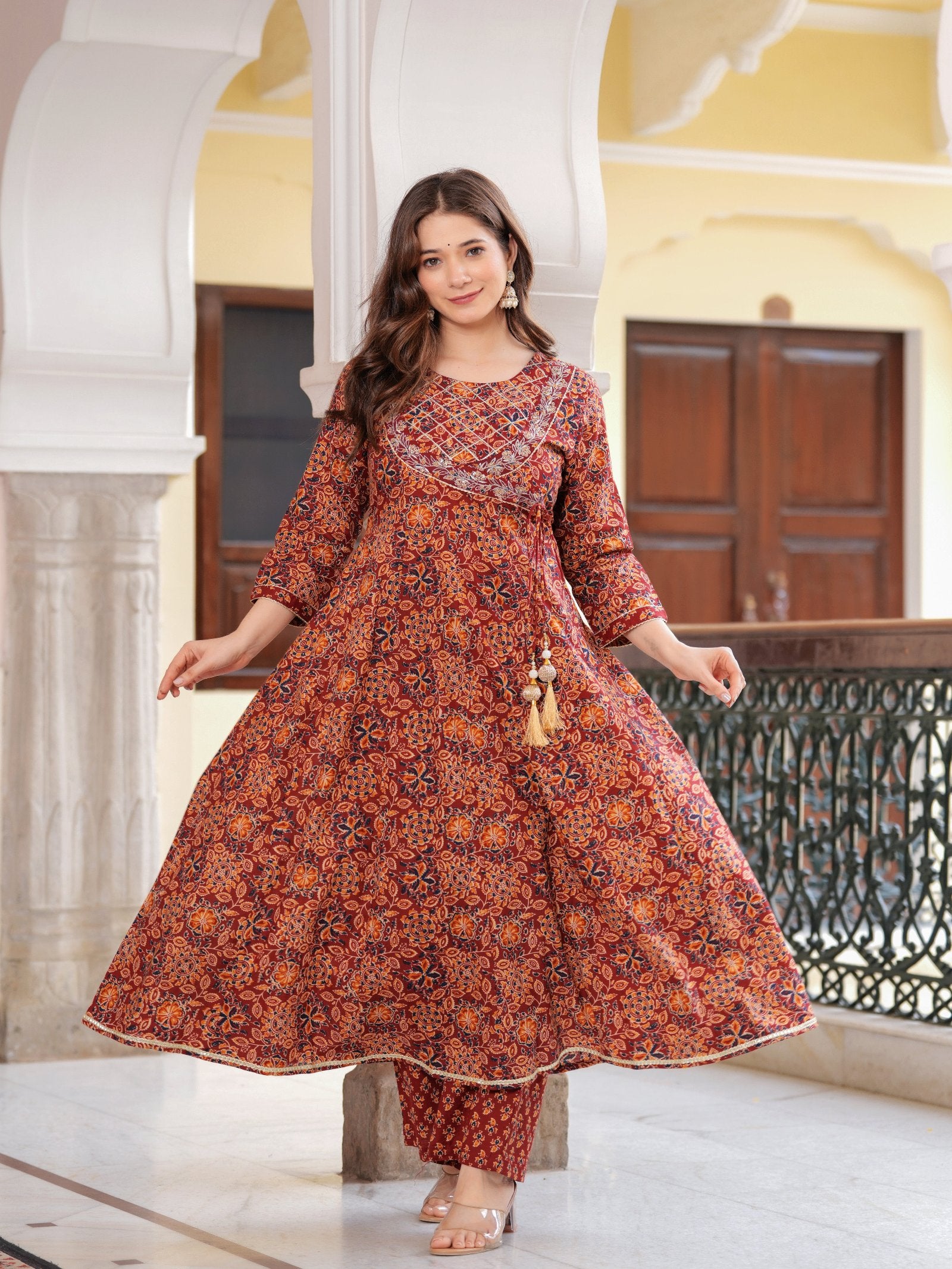 Maluka Women Cotton Floral Printed Sequins Work Kurta Pant with Dupatta Set