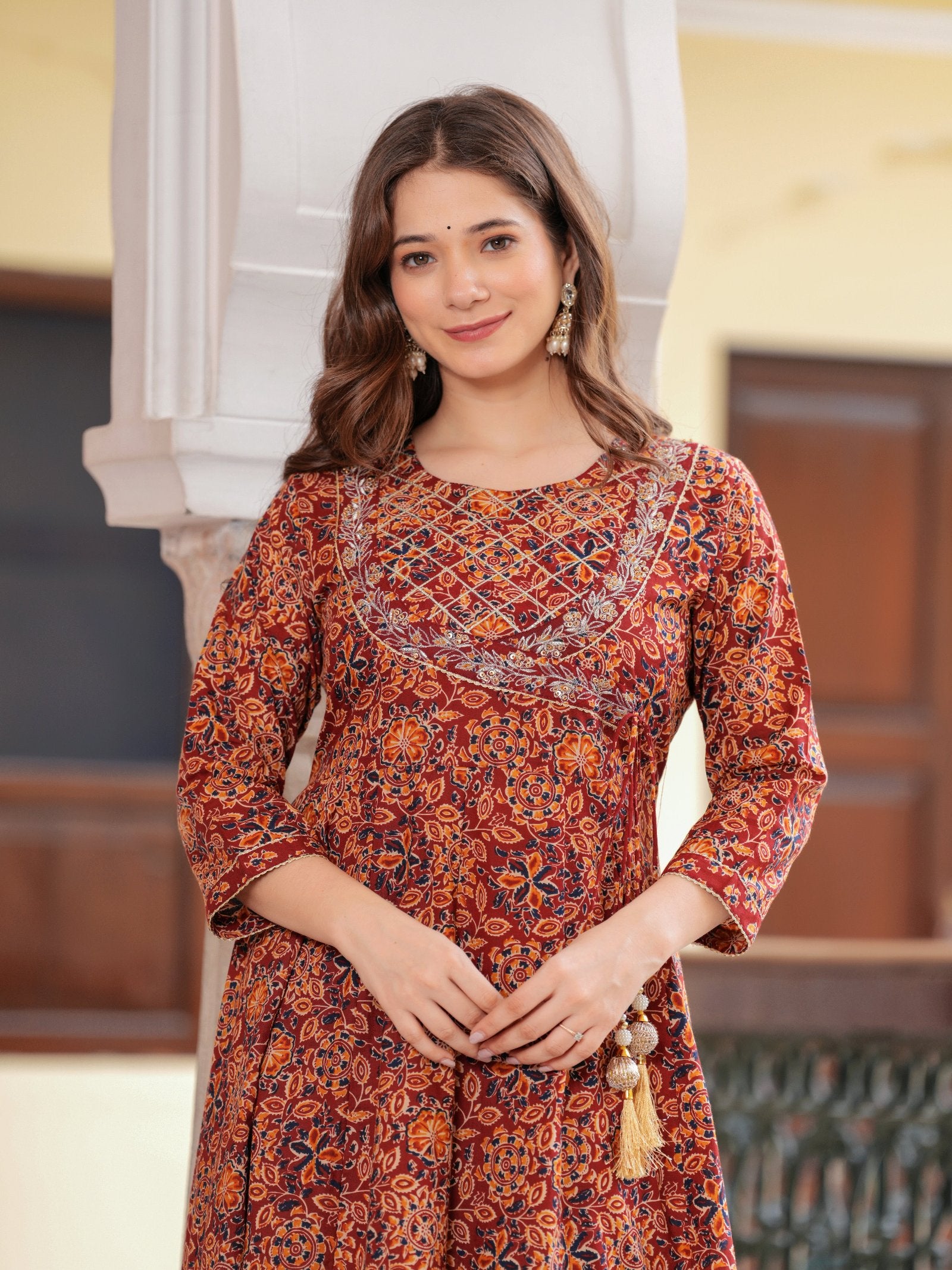 Maluka Women Cotton Floral Printed Sequins Work Kurta Pant with Dupatta Set