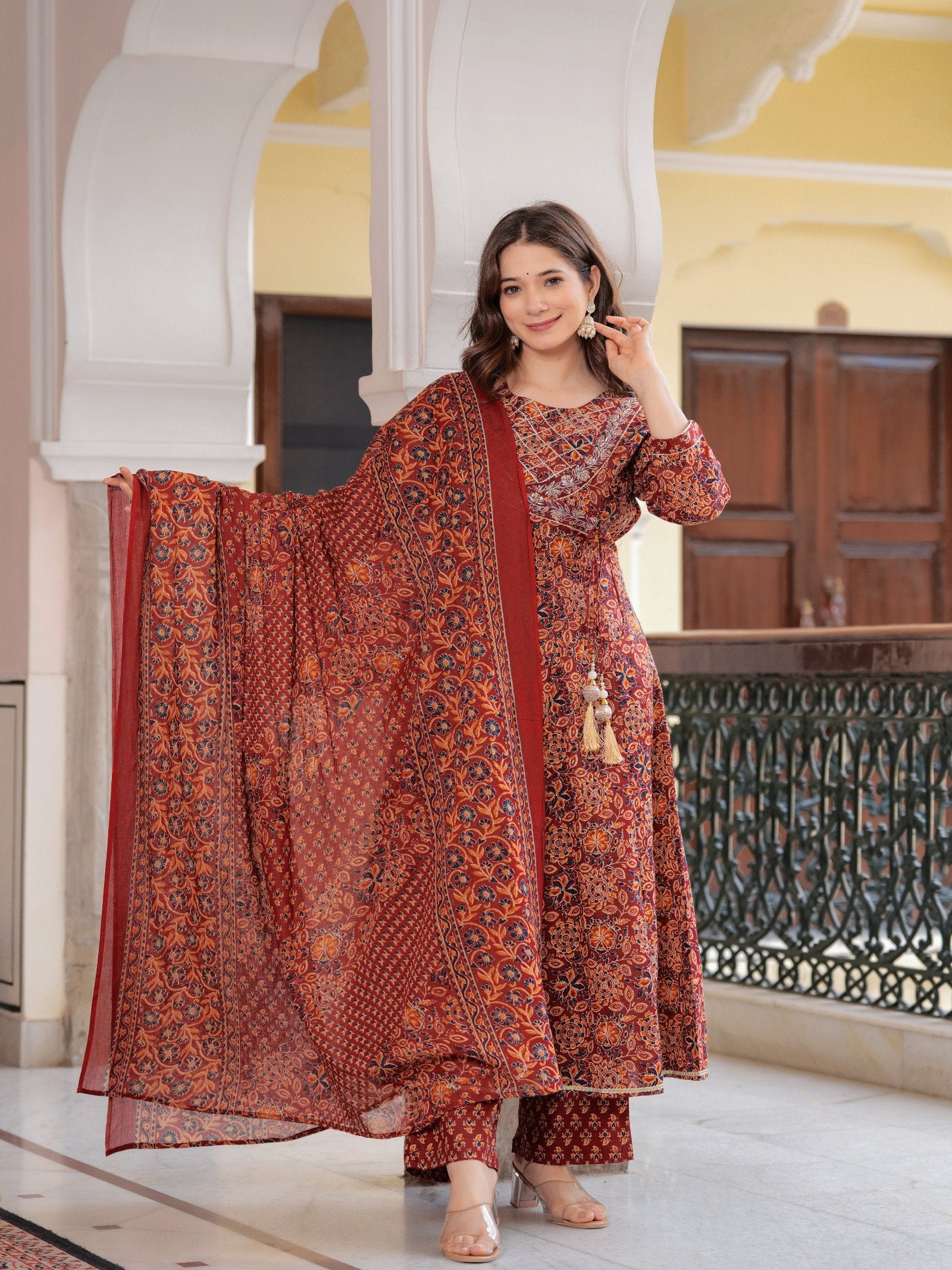 Maluka Women Cotton Floral Printed Sequins Work Kurta Pant with Dupatta Set