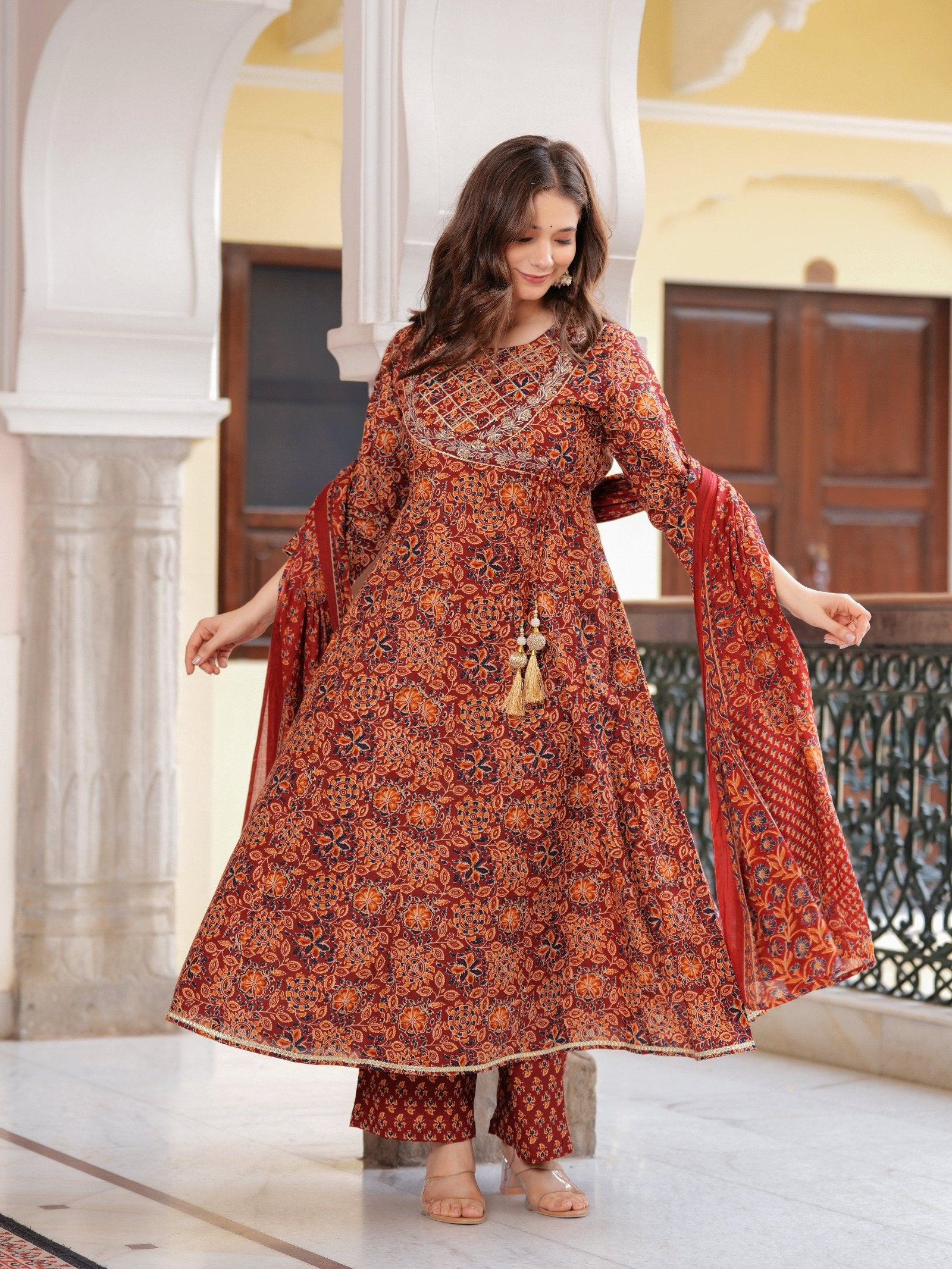 Maluka Women Cotton Floral Printed Sequins Work Kurta Pant with Dupatta Set