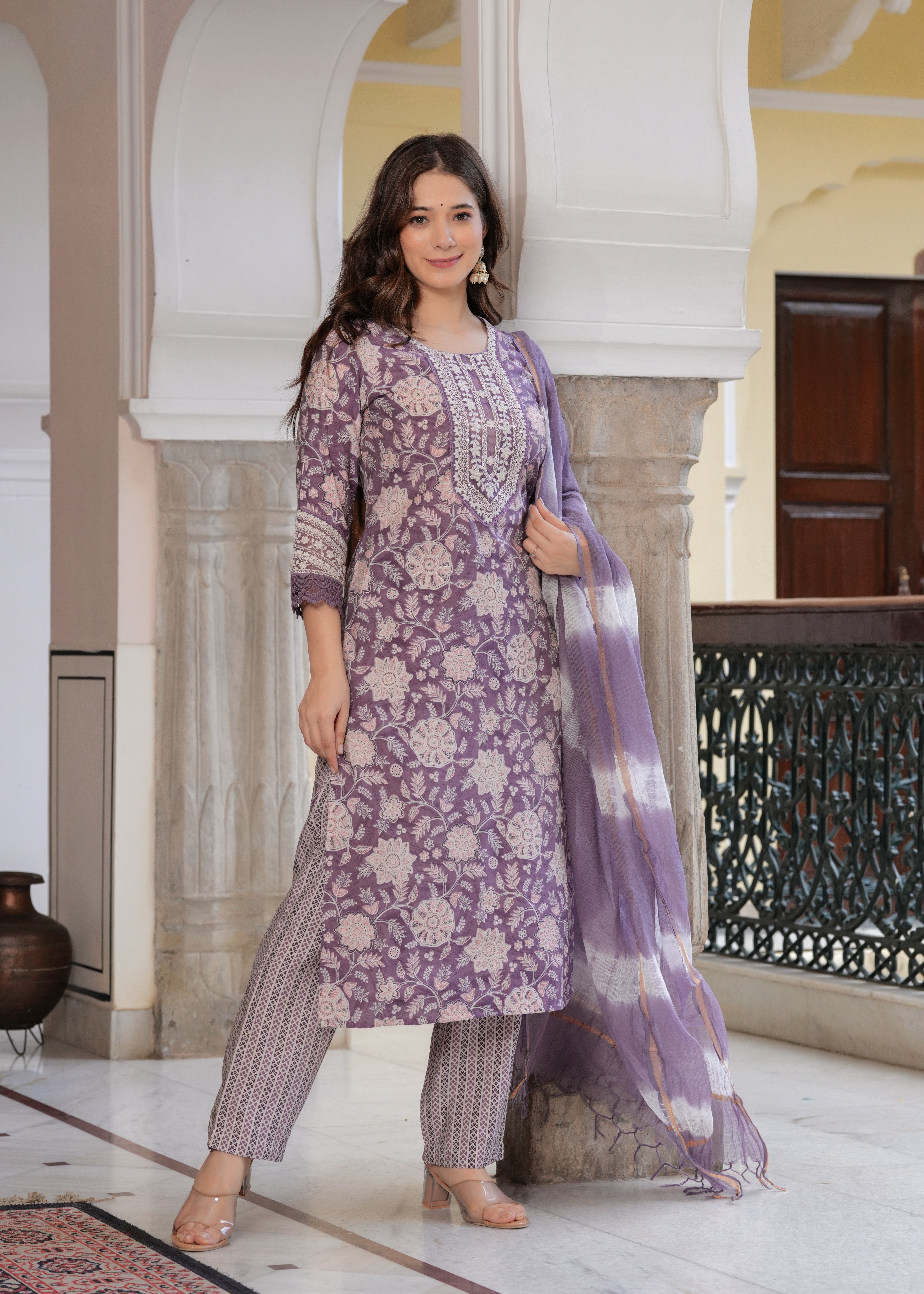MALUKA WOMEN MODAL CHANDERI FLORAL PRINT KURTA PANT WITH DUPATTA SET
