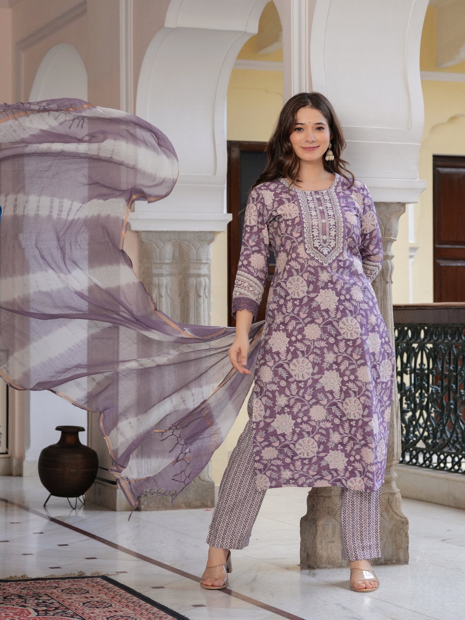 MALUKA WOMEN MODAL CHANDERI FLORAL PRINT KURTA PANT WITH DUPATTA SET