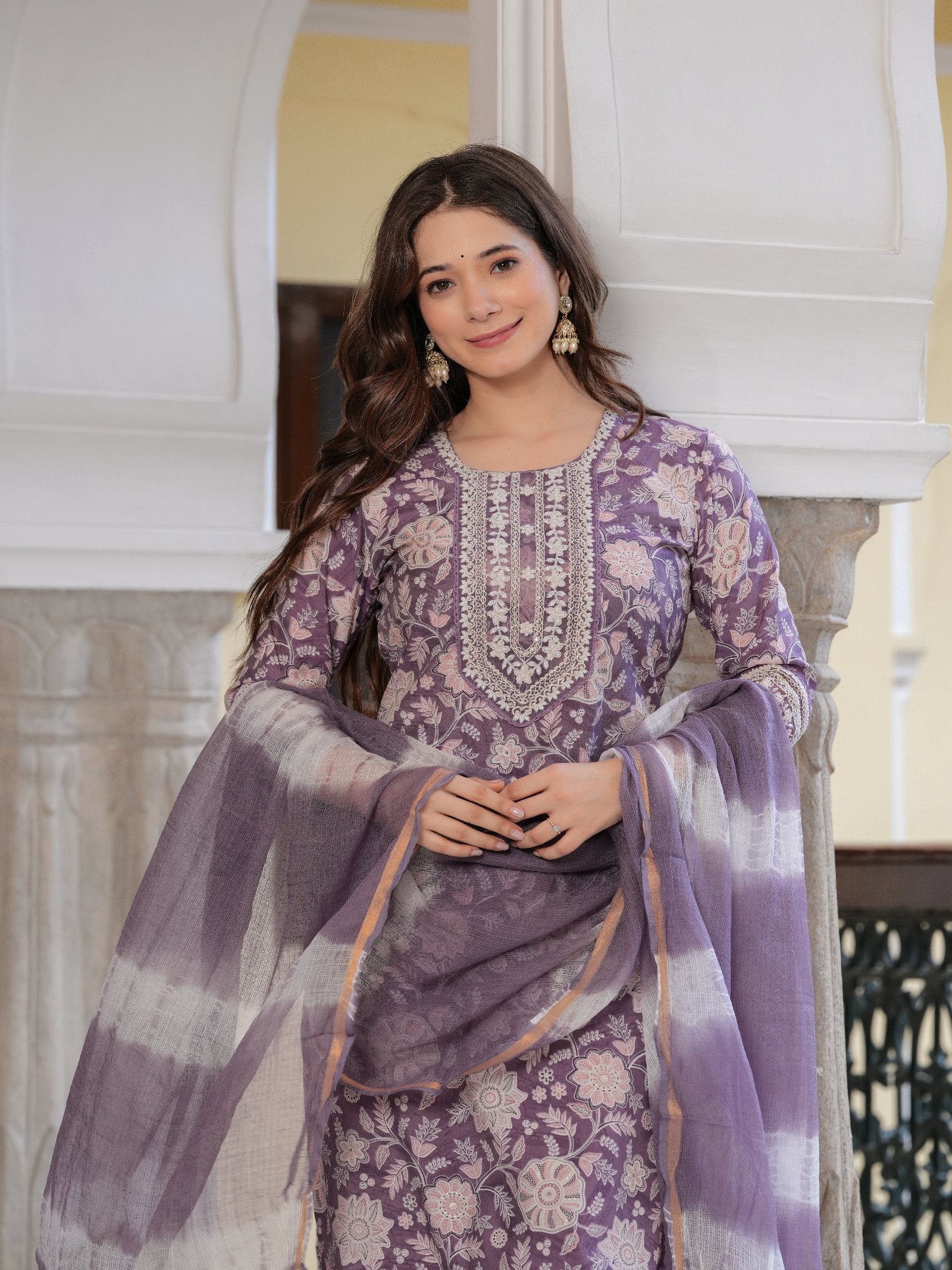 MALUKA WOMEN MODAL CHANDERI FLORAL PRINT KURTA PANT WITH DUPATTA SET