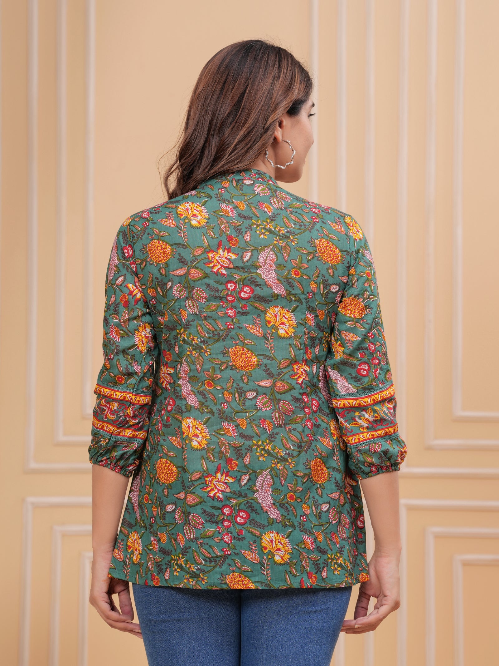 Maluka Women’s Dark Green & Rose Gold Floral Cotton Top