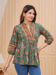 Maluka Women’s Dark Green & Rose Gold Floral Cotton Top