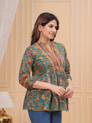 Maluka Women’s Dark Green & Rose Gold Floral Cotton Top