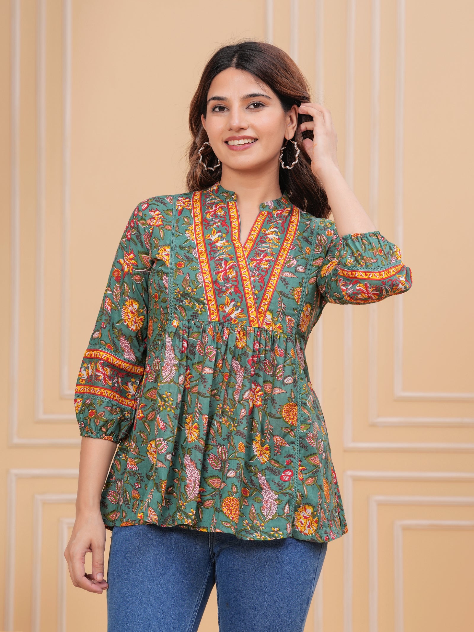 Maluka Women’s Dark Green & Rose Gold Floral Cotton Top