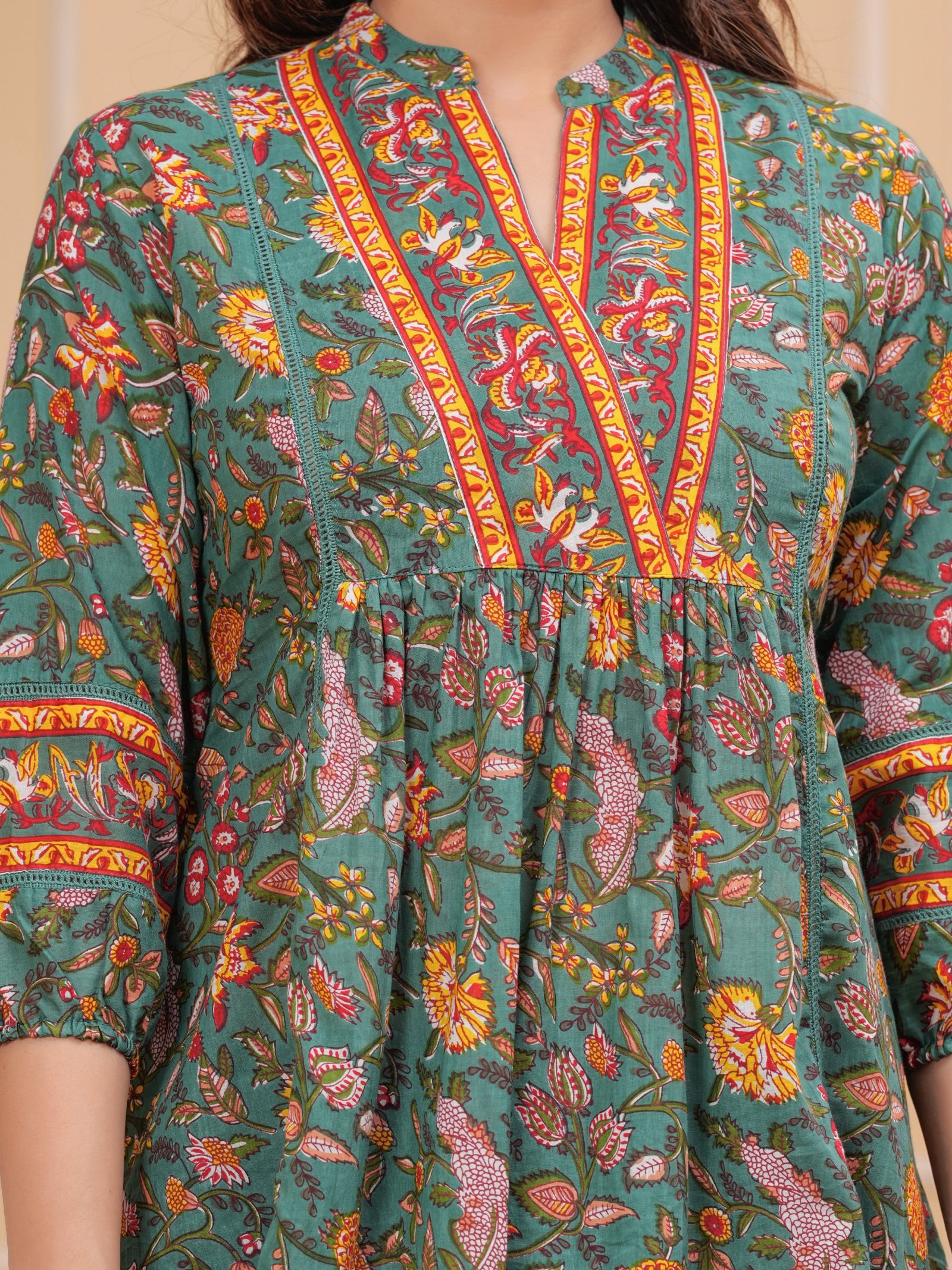 Maluka Women’s Dark Green & Rose Gold Floral Cotton Top