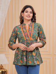 Maluka Women’s Dark Green & Rose Gold Floral Cotton Top