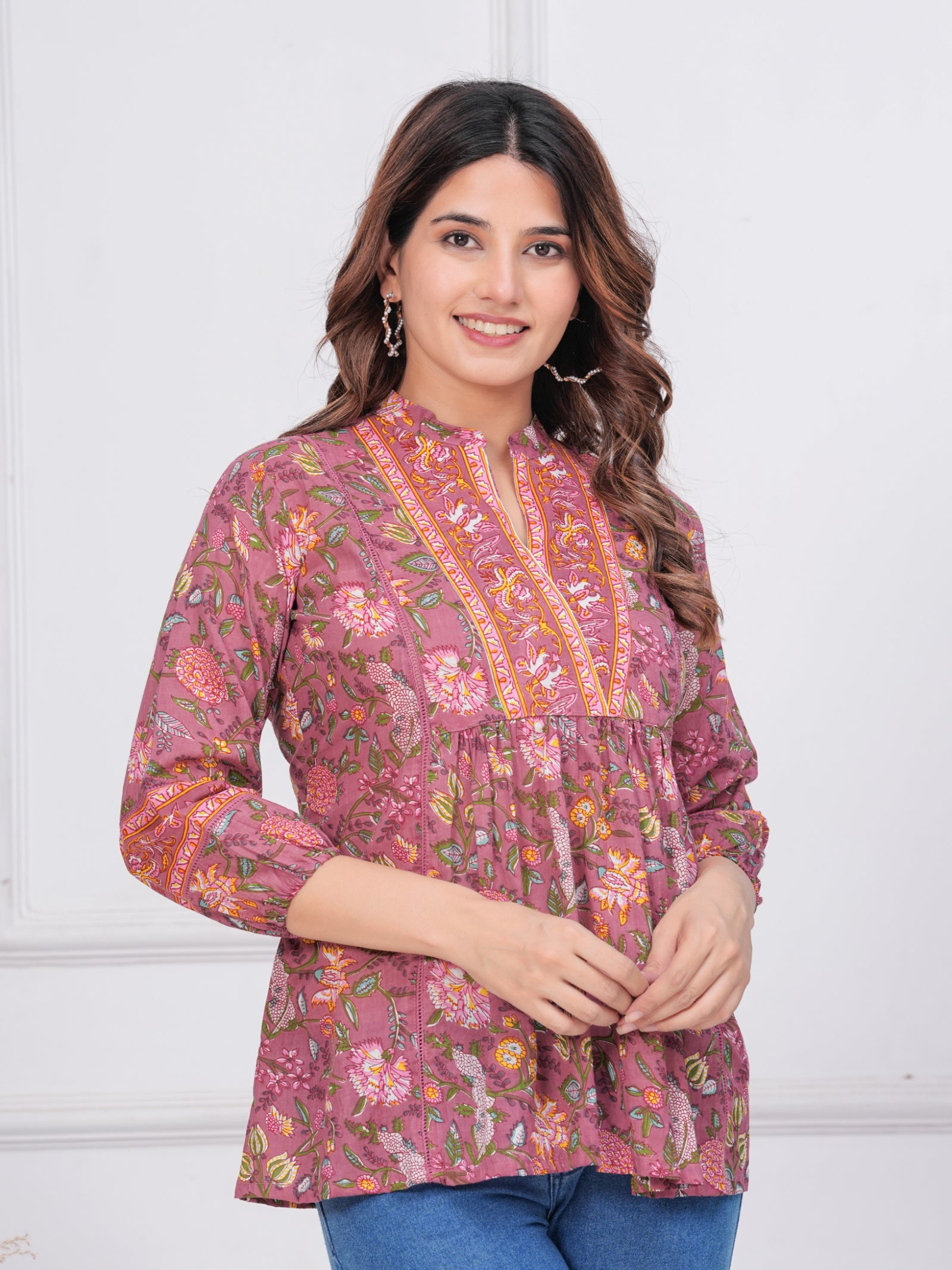 Maluka Women’s Dark Green & Rose Gold Floral Cotton Top