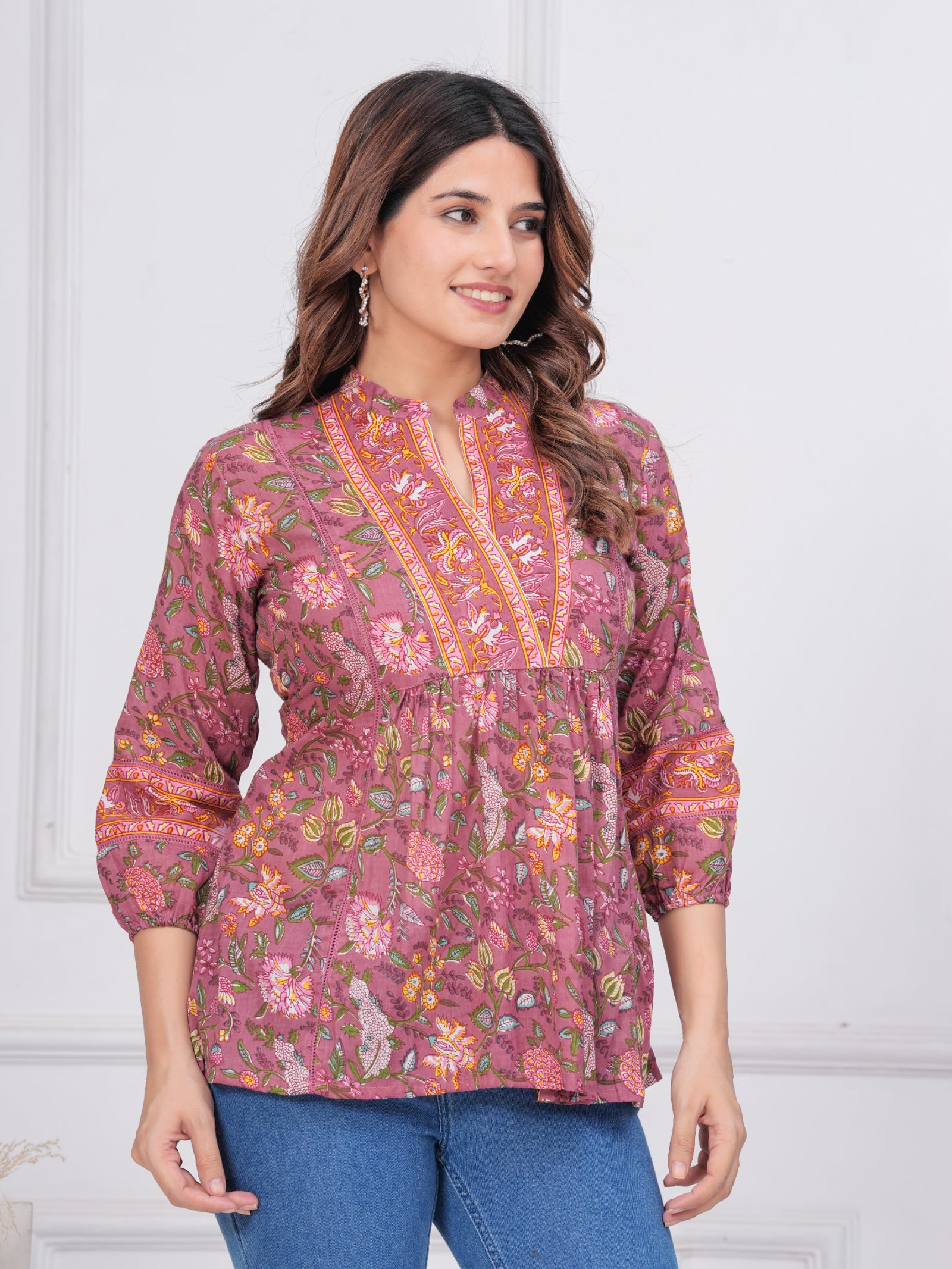 Maluka Women’s Dark Green & Rose Gold Floral Cotton Top