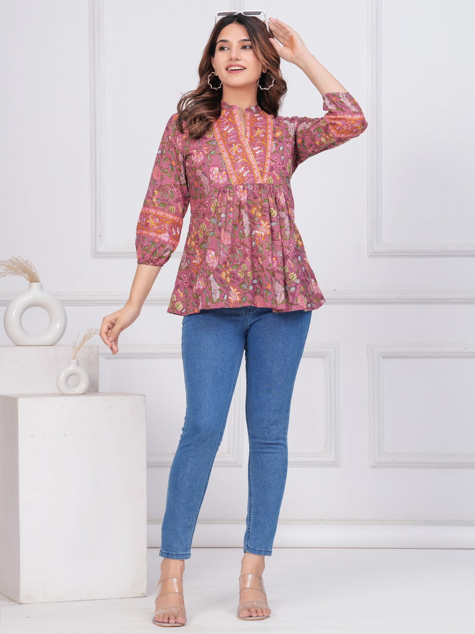 Maluka Women’s Dark Green & Rose Gold Floral Cotton Top