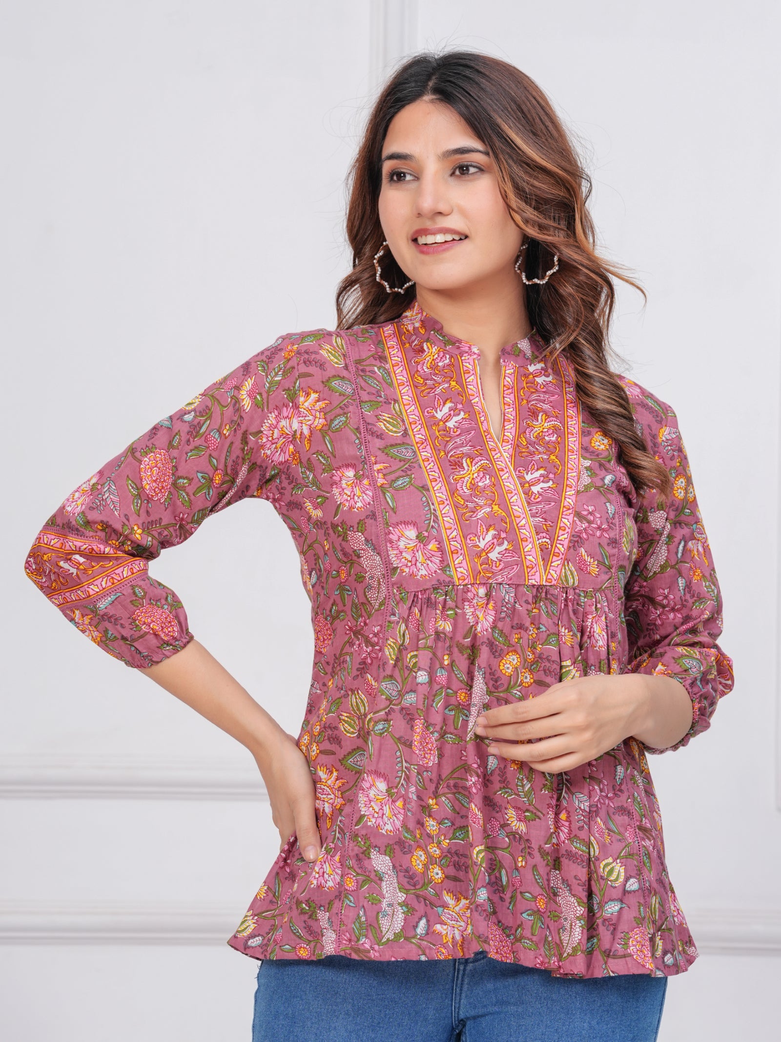 Maluka Women’s Dark Green & Rose Gold Floral Cotton Top