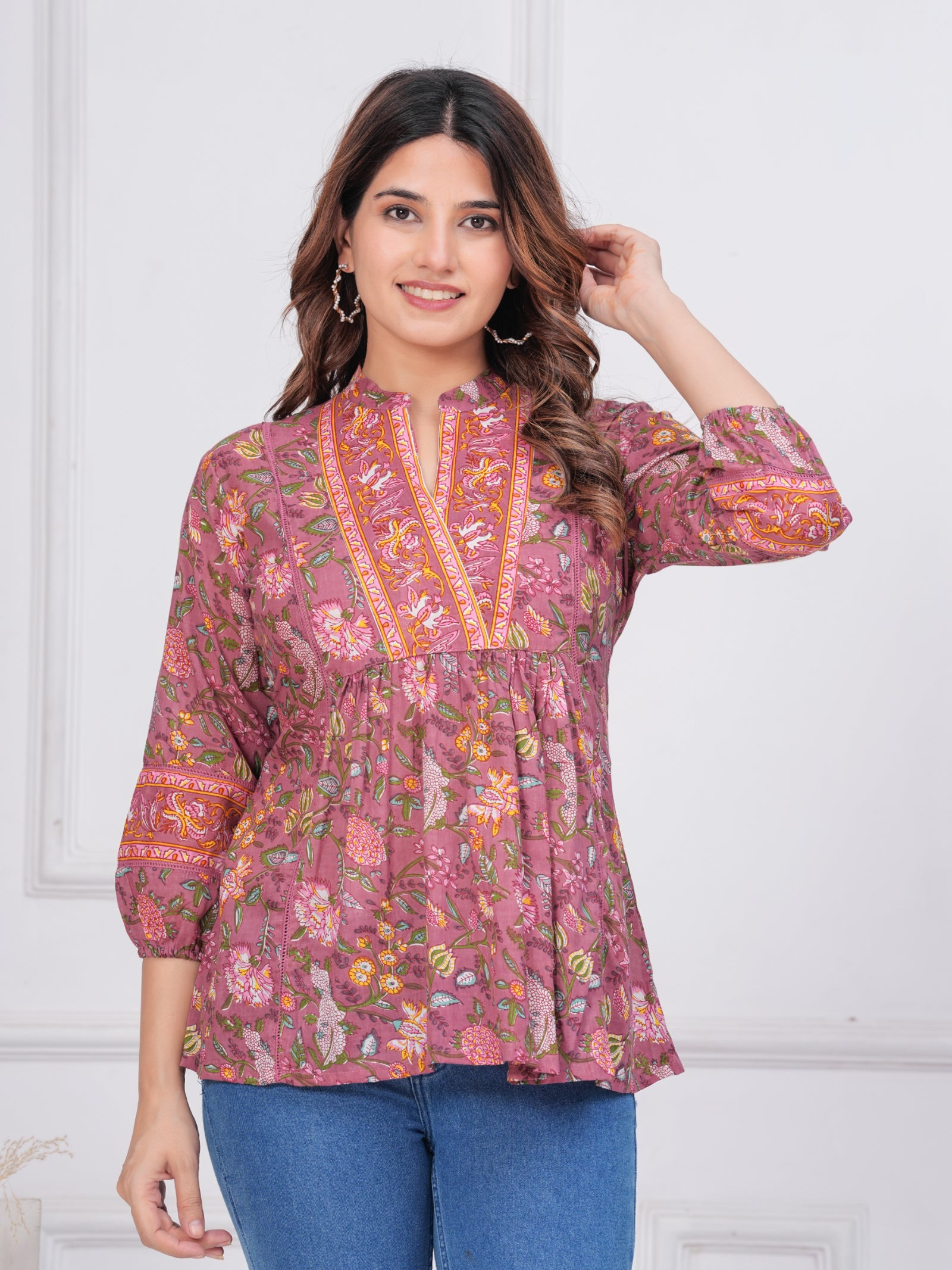 Maluka Women’s Dark Green & Rose Gold Floral Cotton Top