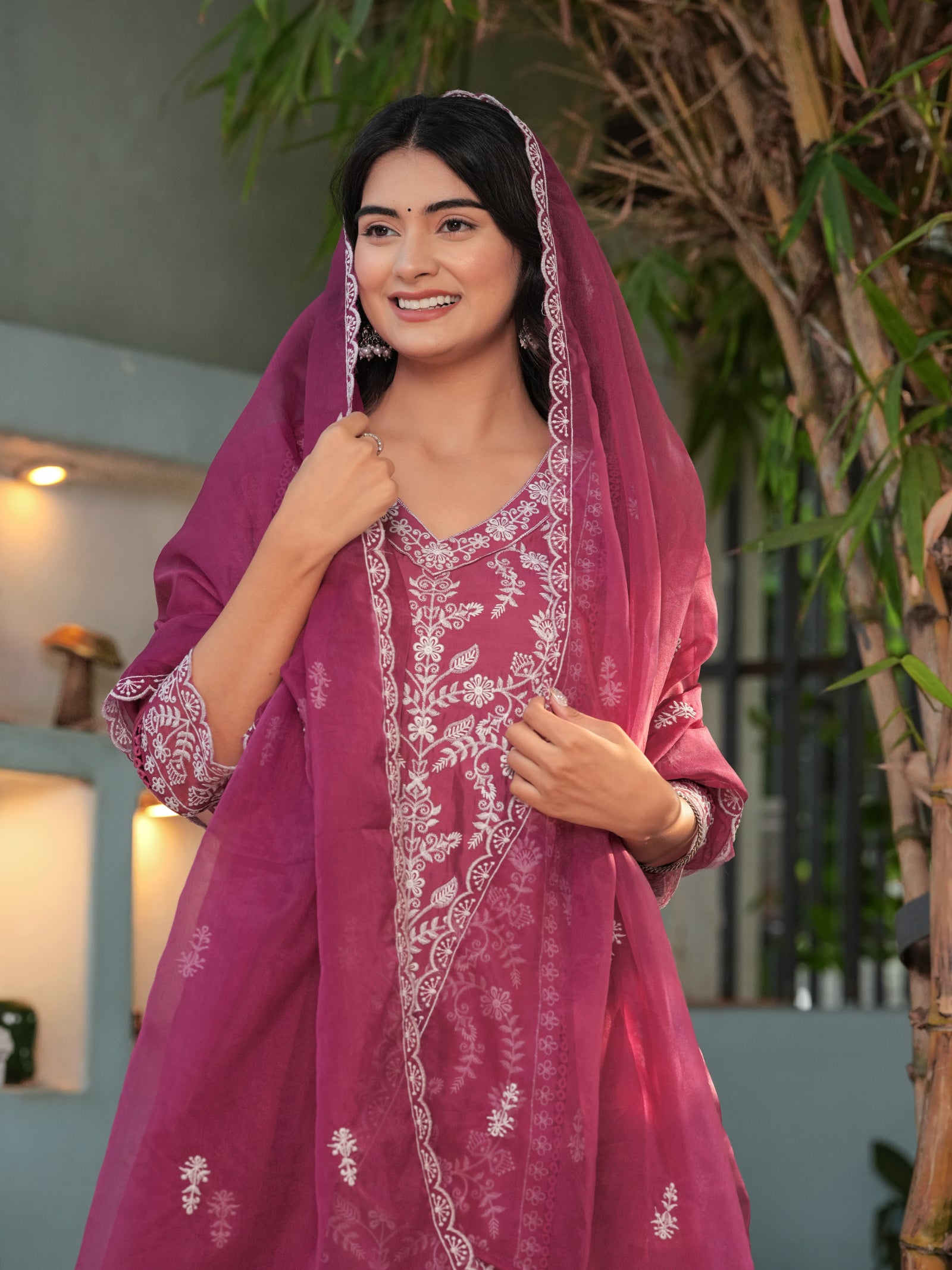 Maluka Women’s Purple & Maroon Solid Print Roman Silk Kurta Set with Dupatta Set
