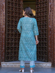 Maluka Women Cotton Printed Hand Block Kurta Pant With Dupatta Set