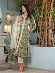 Maluka Women’s Green & Pink Floral Cotton Kurta Set with Dupatta