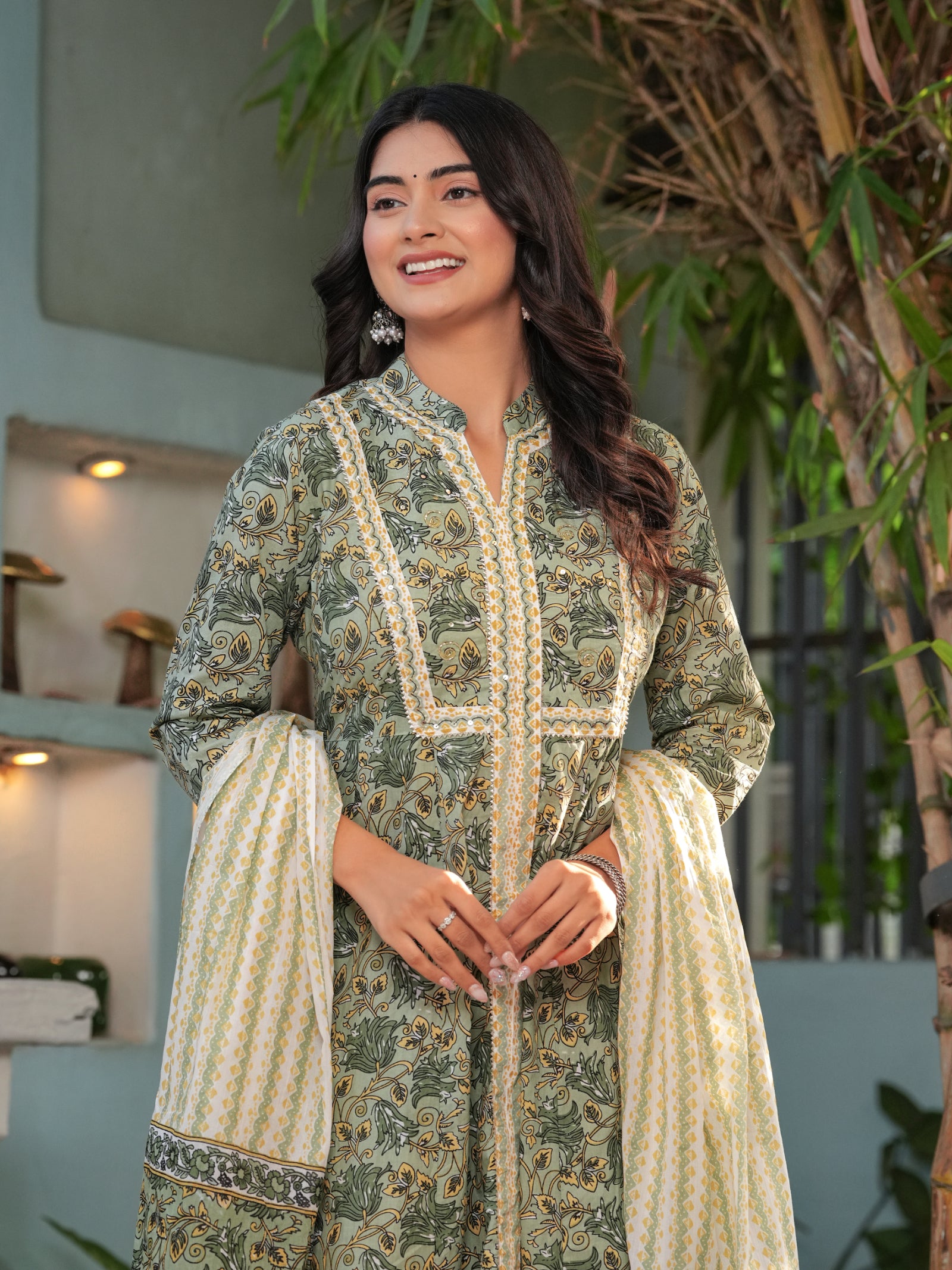 Maluka Women’s Green & Pink Floral Cotton Kurta Set with Dupatta