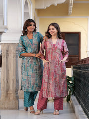 Maluka Women’s Maroon & Light Blue Ethnic Motif Modal Chanderi Kurta Set